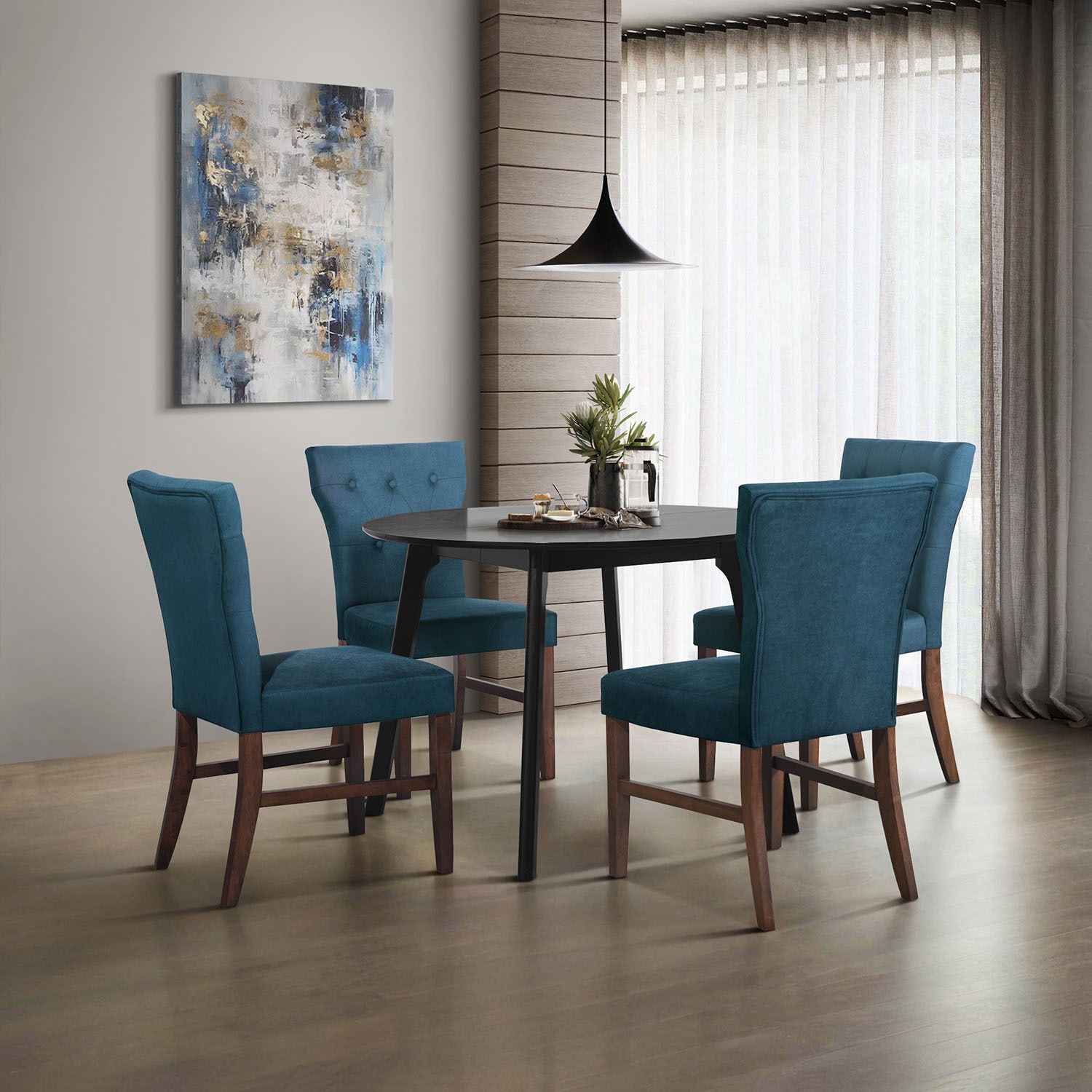 CasePiece C3084US-BL-LN-BN-C3 Blue Transitional Dining Room Set with Round Table ( Seats 4 )