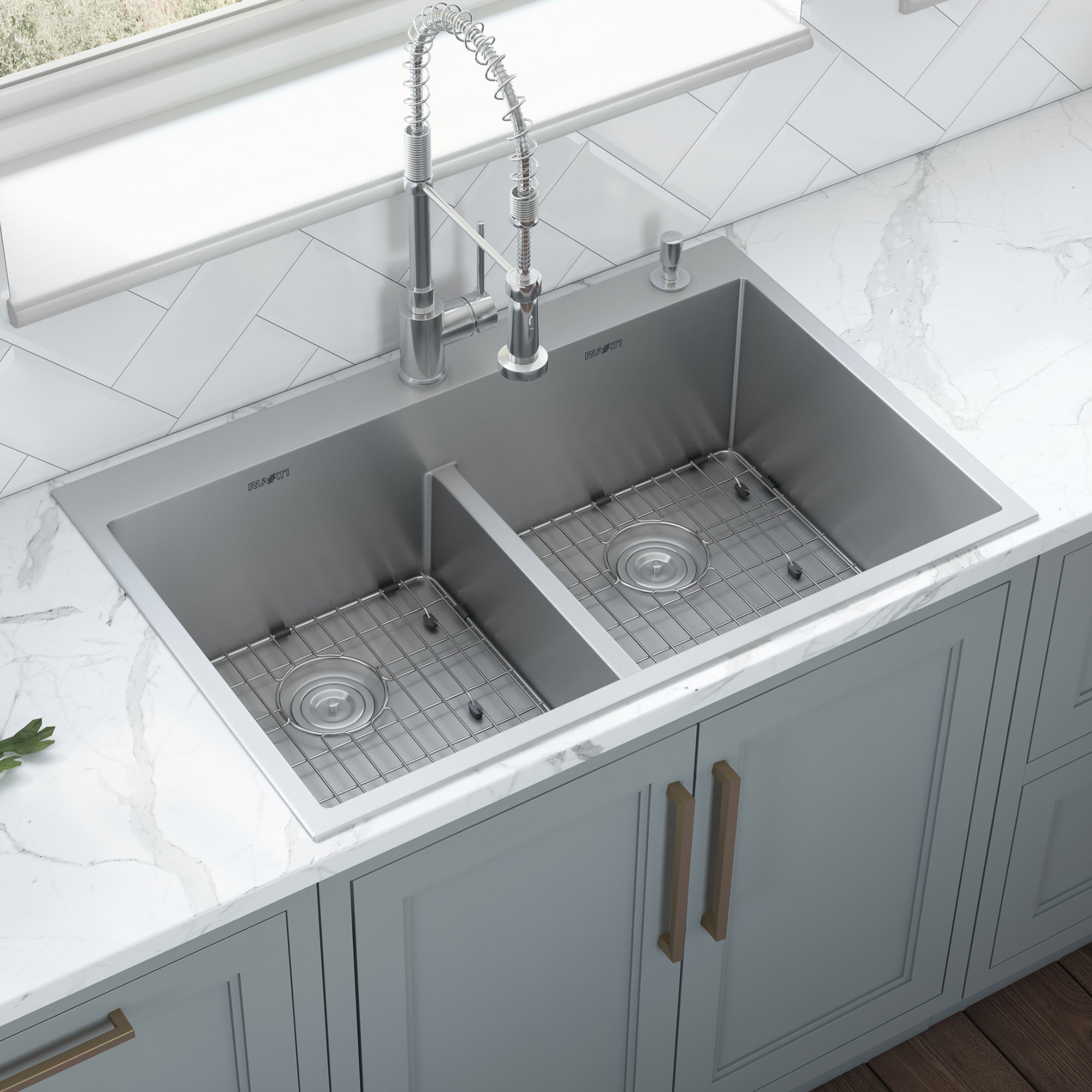 Ruvati Tirana Drop-In 33-in x 22-in Brushed Stainless Steel Double Equal  Bowl 2-Hole Kitchen Sink in the Kitchen Sinks department at