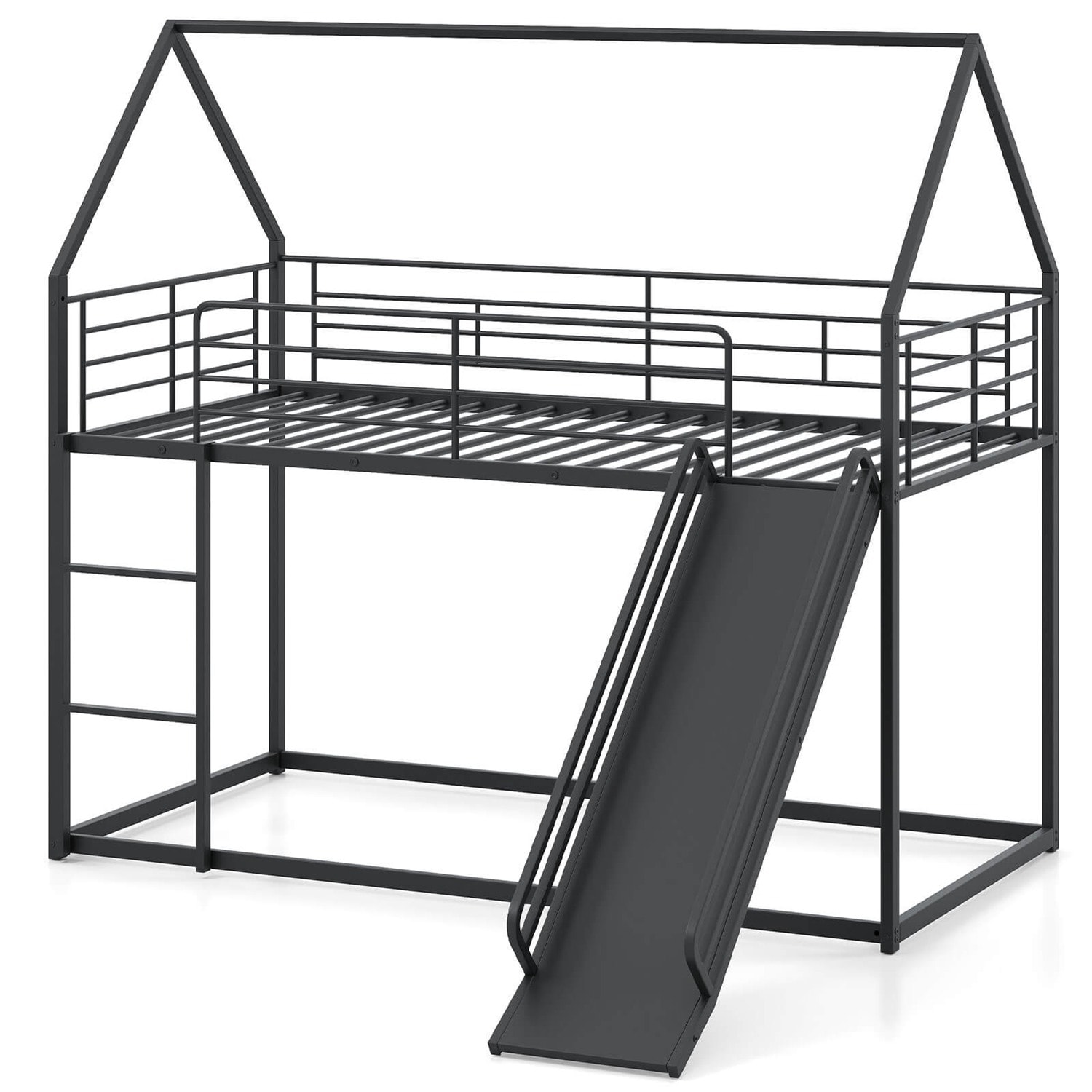 Costway CSHY001698 Twin Over Twin Low Bunk Bed House-shaped Metal Bunk Bed Frame with Safety Guardrail