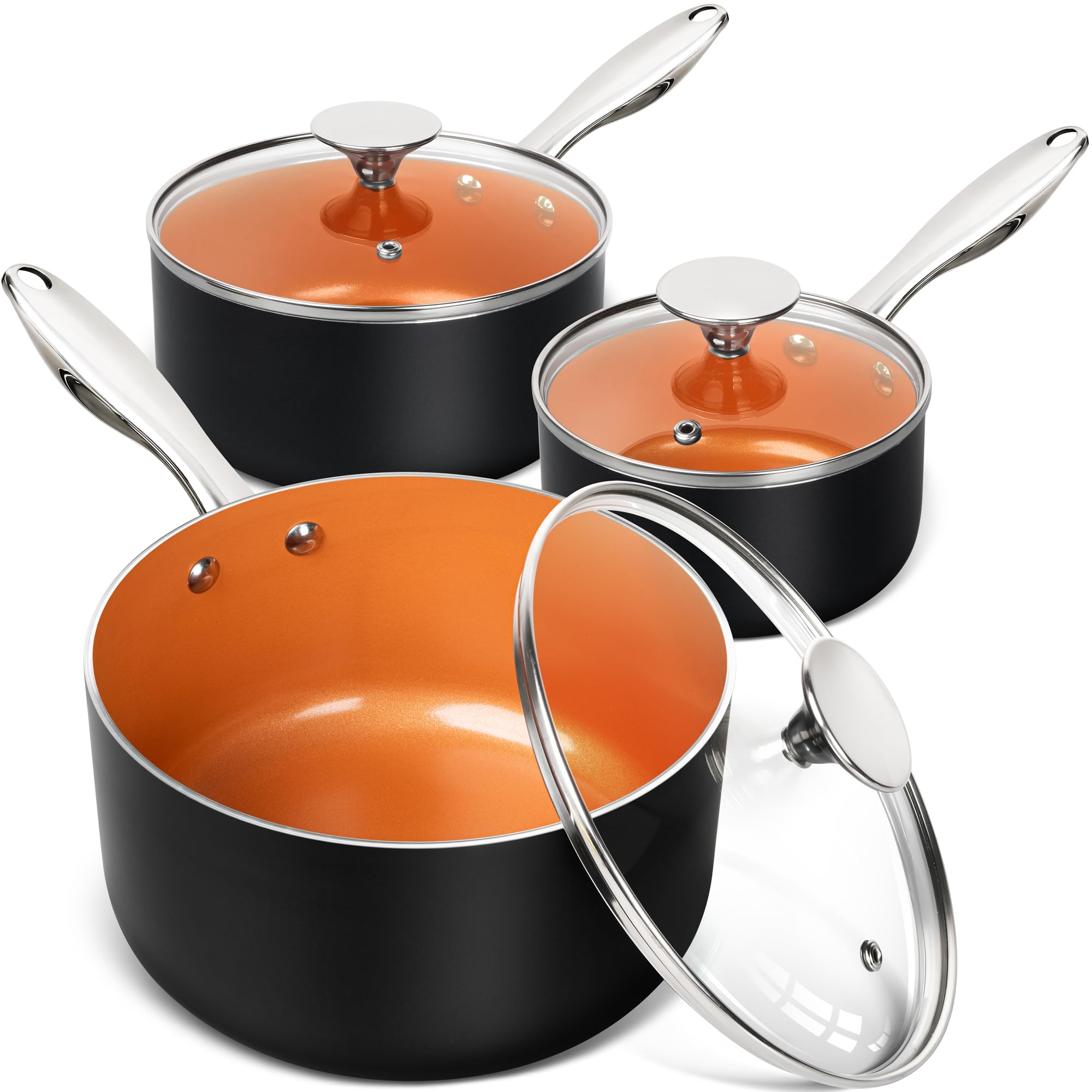 Aoibox  3 Piece Ceramic Nonstick Copper Sauce Pan Set with Lids 1 qt 2 qt and 3 qt Aluminum Alloy Body