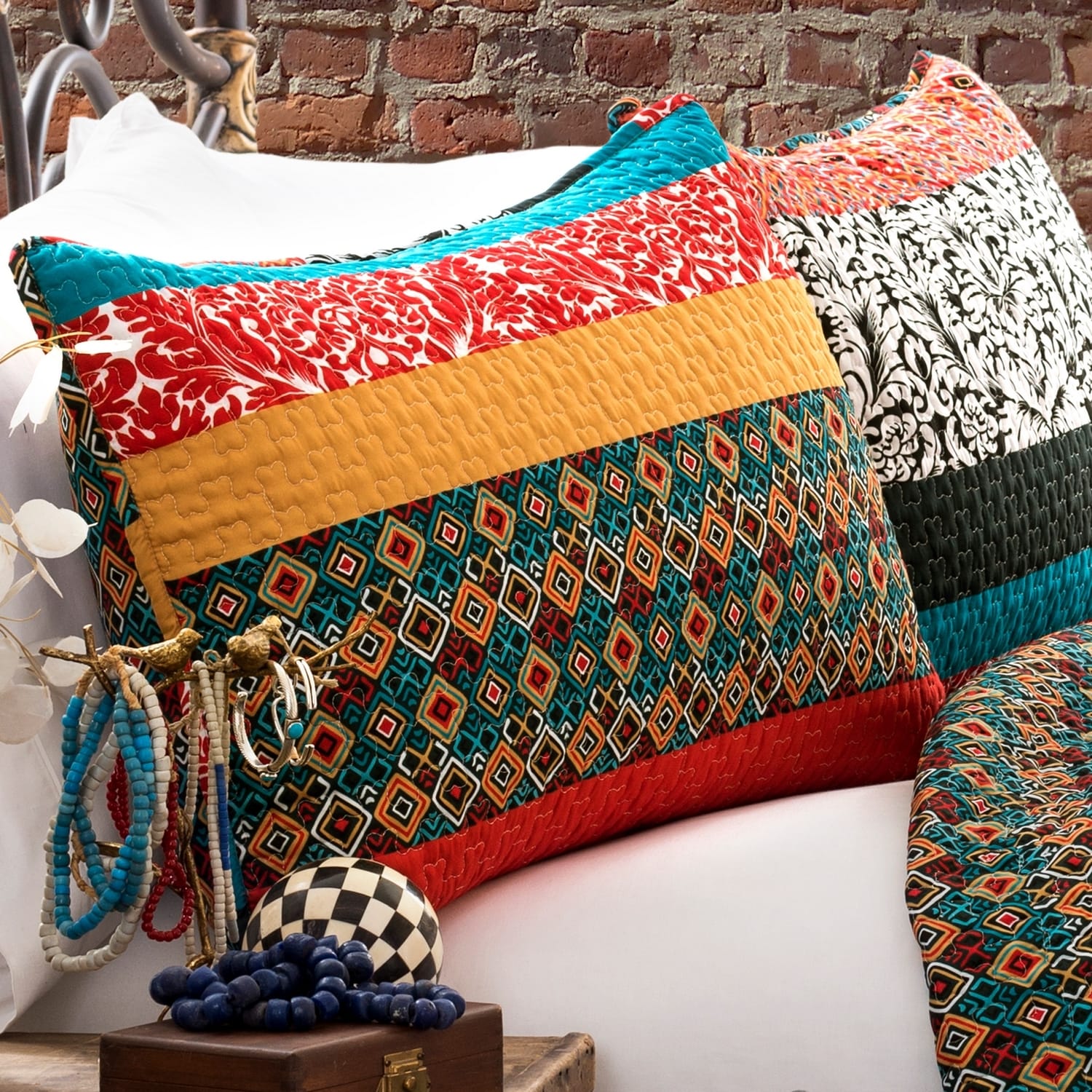 Boho Stripe Turquoise Tangerine Reversible Cotton Full Quilt Set