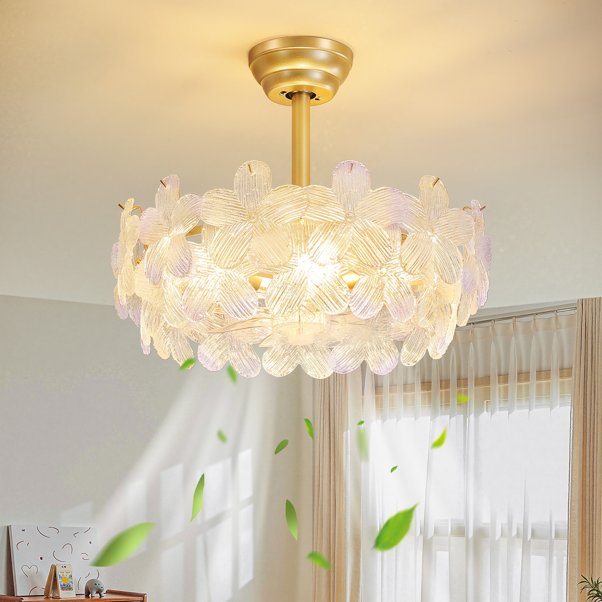 KAISITE 8141CF-04GD-US 19-in Indoor Modern Gradient Purple Crystal Flower Ceiling Fan With Light and Remote Control 6-Speed Reversible Motor