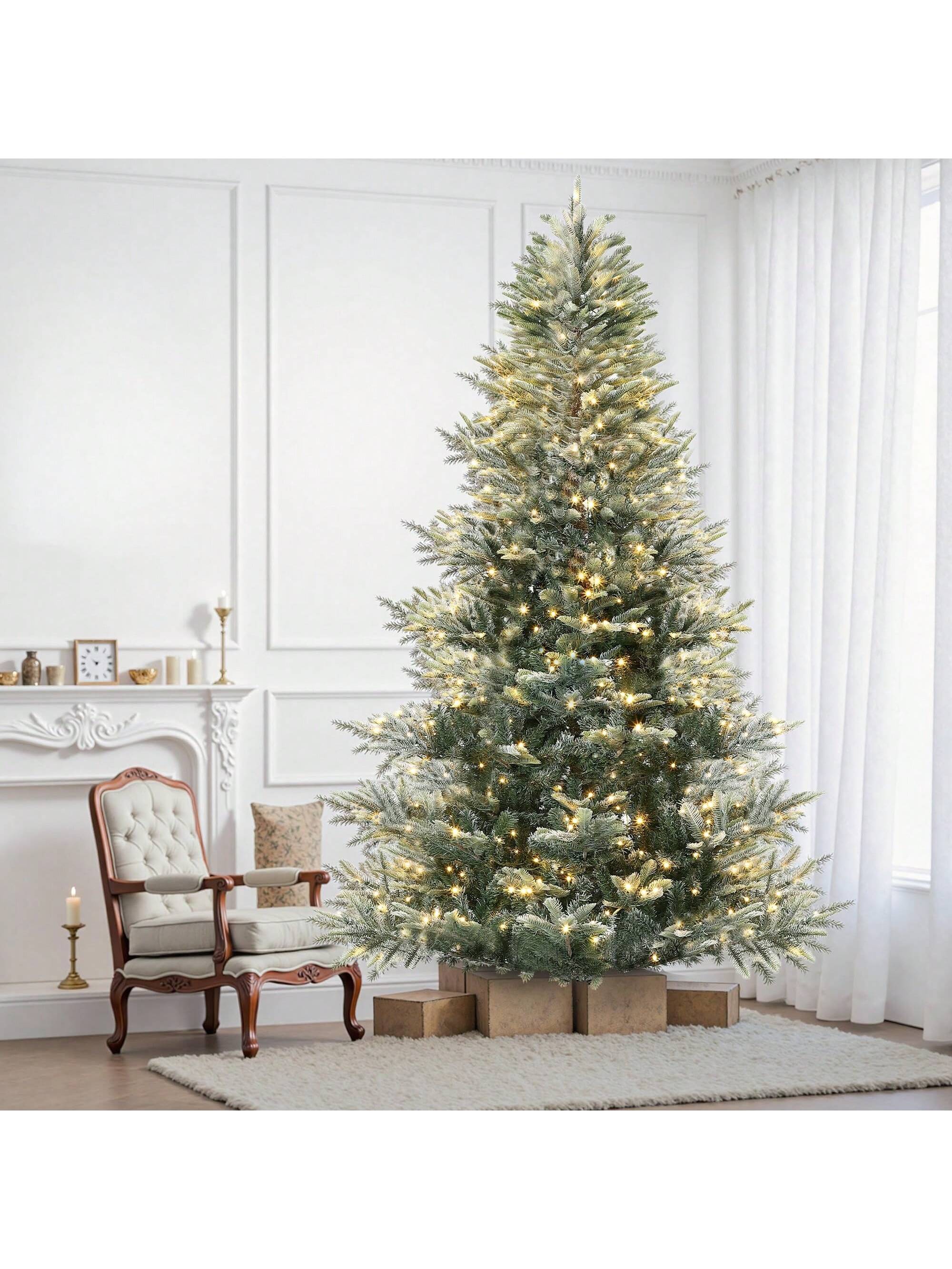 Qeetex DSDS-W6F91688 6.5 FT Lighted Aspen Fir Christmas Tree Flocked Green Artificial Christmas Tree with Warm White Twinkle Lights for Indoor Outdoor Holiday Décor Metal Hinges Foldable Base