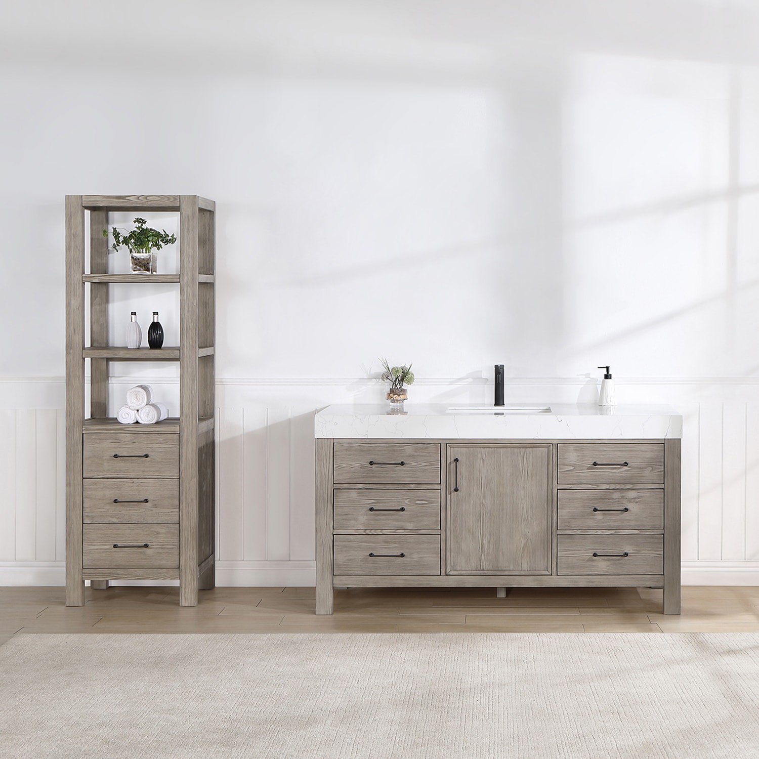 Vinnova 703860-FY-LW-NM León 60-in Fir Wood Grey Finish Undermount Single Sink Bathroom Vanity with Lightning White Engineered Stone Top