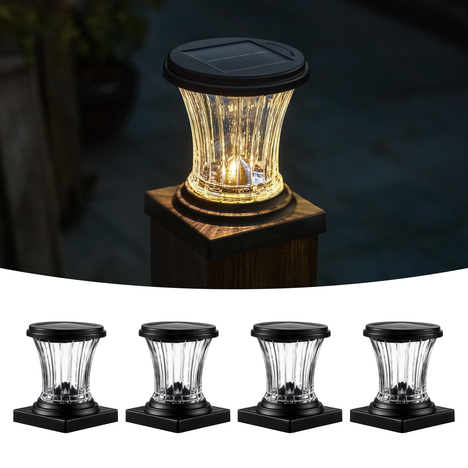 Etokfoks  Glass Solar Post Cap Lights 4 Pack Warm White Fits 4x4 and 3 5x3 5 Posts Thick Glass IP65