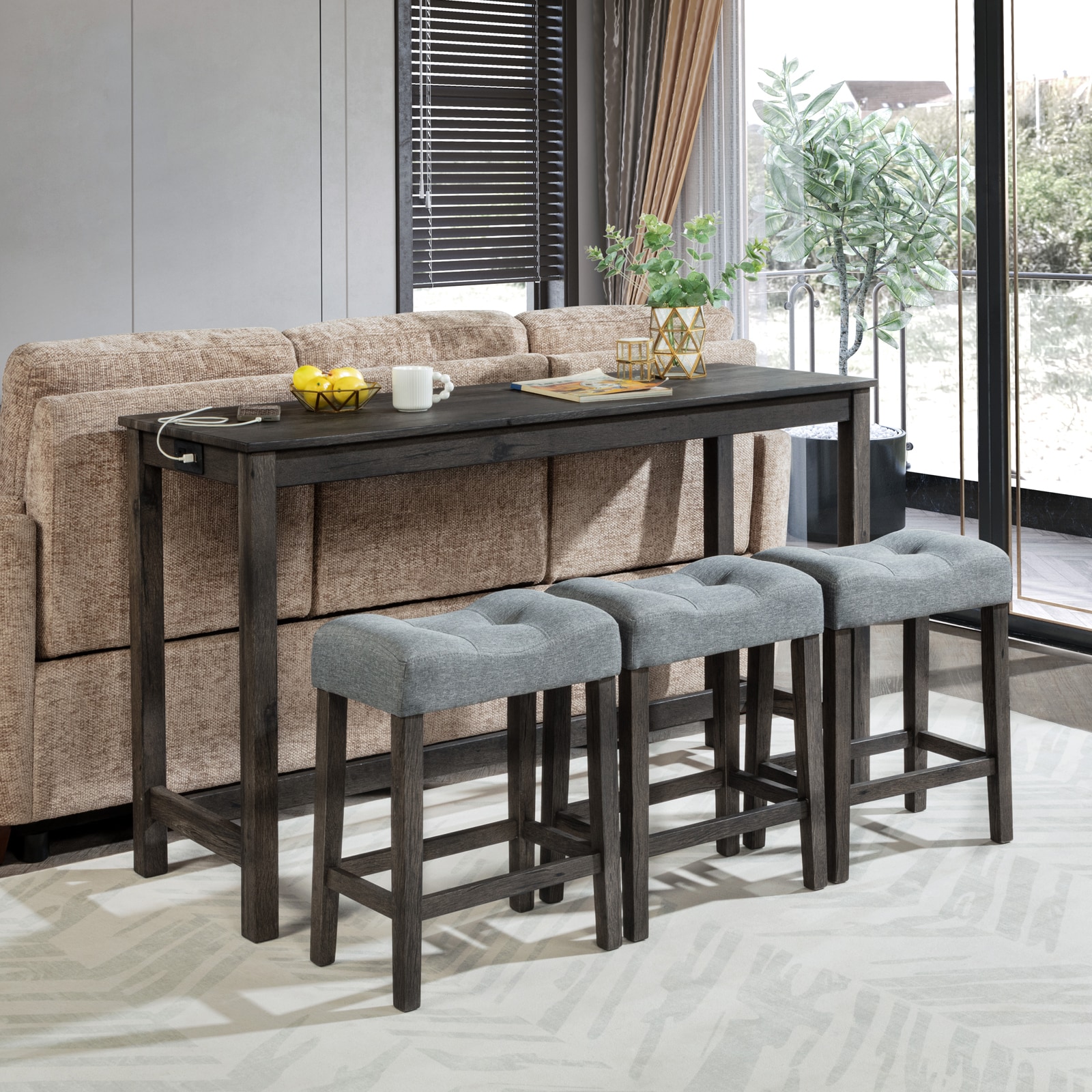 GDFStudio Calverly 4-Piece 59 in. Industrial Bar Table Set with USB ...