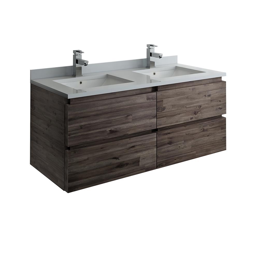 Transitional 48" Double Sink Wall-Mounted Vanity in Brown with Quartz Top