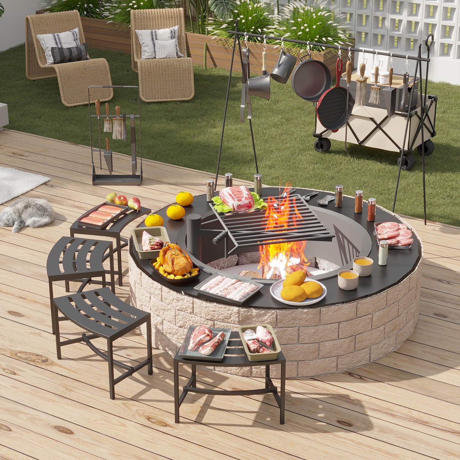 FUFU&GAGA Fire Pit Bench Set of 4 Black Iron Frame