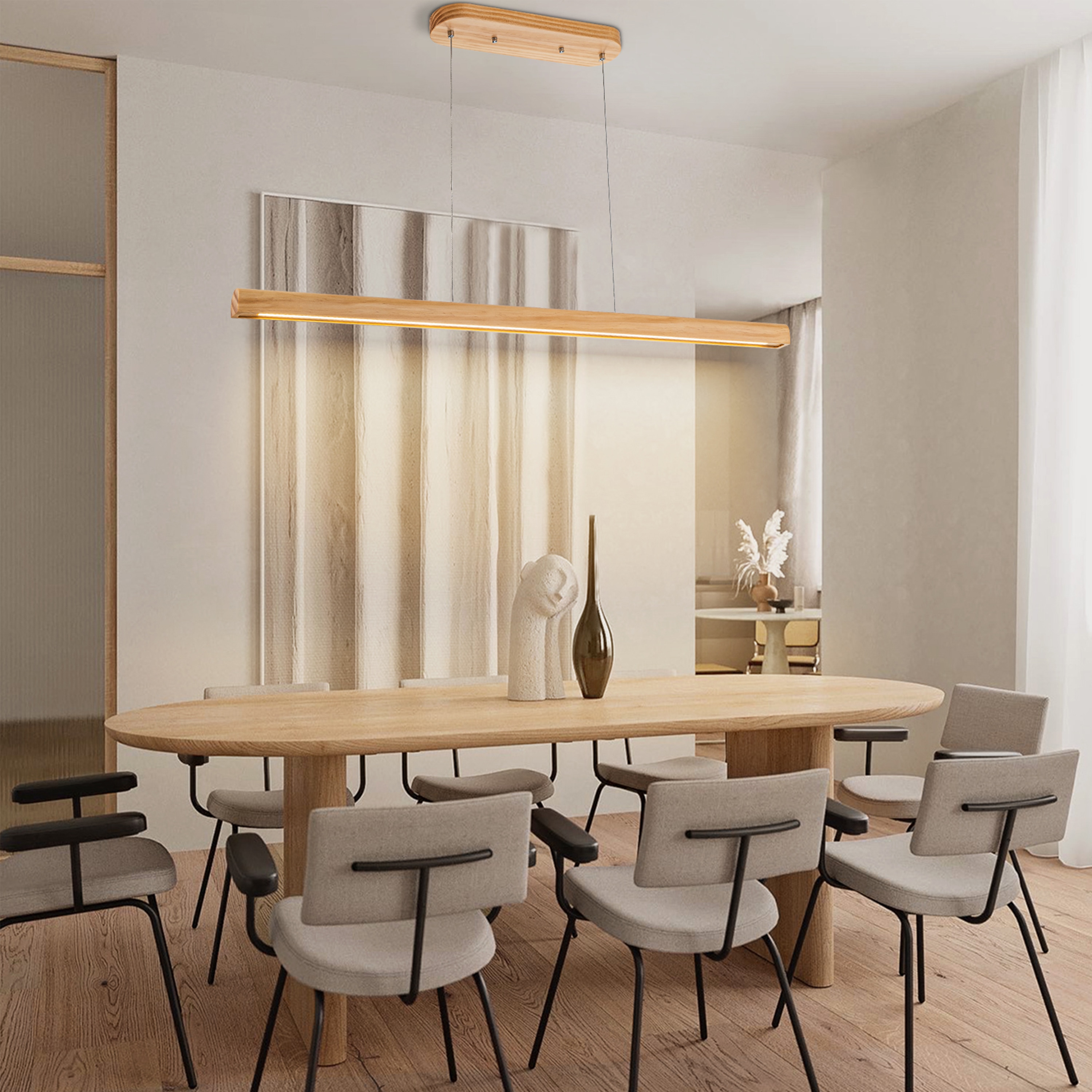 GoYeel ZP052WD120 1 -Light Natural Wood Color Farmhouse Linear Integrated LED Large Hanging Kitchen island light