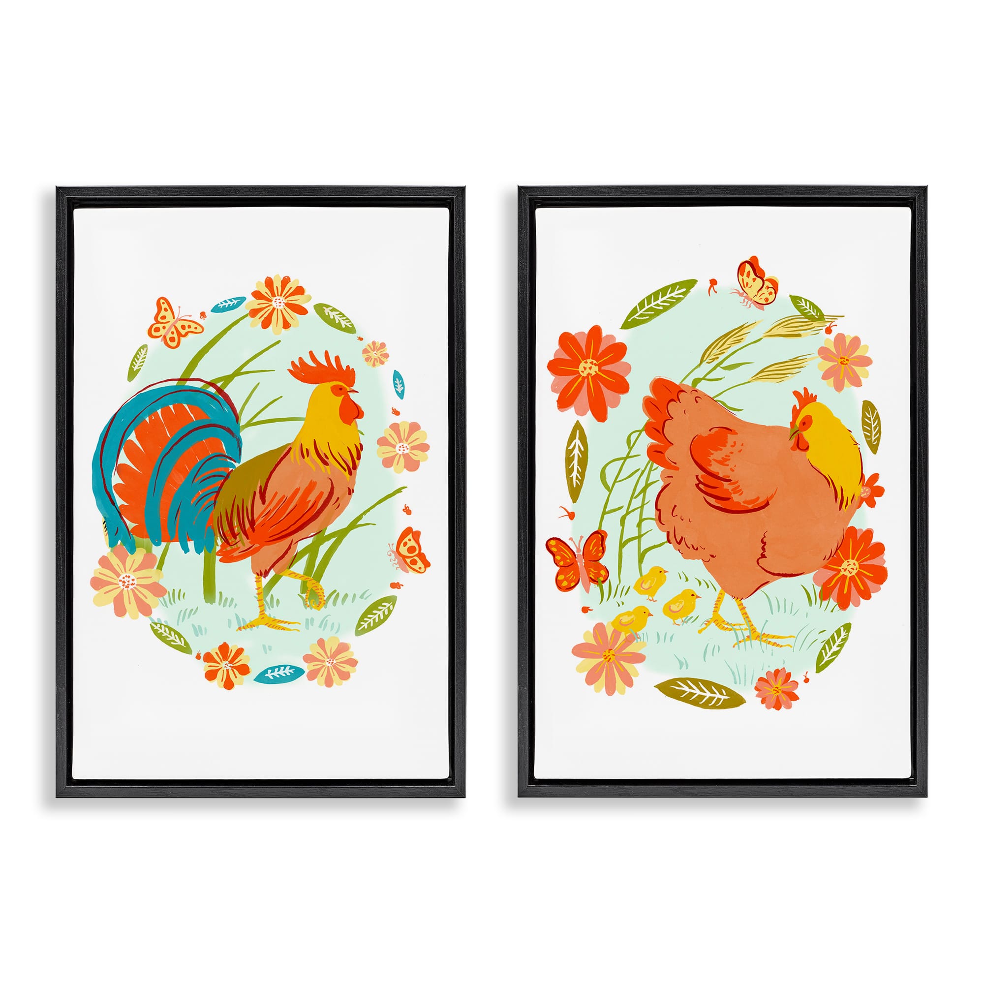 Stupell Industries B2-891-FFB-2PC-16X24 Rooster and Hen with Florals 2pc Floating Frame Set design by Hannah Moren
