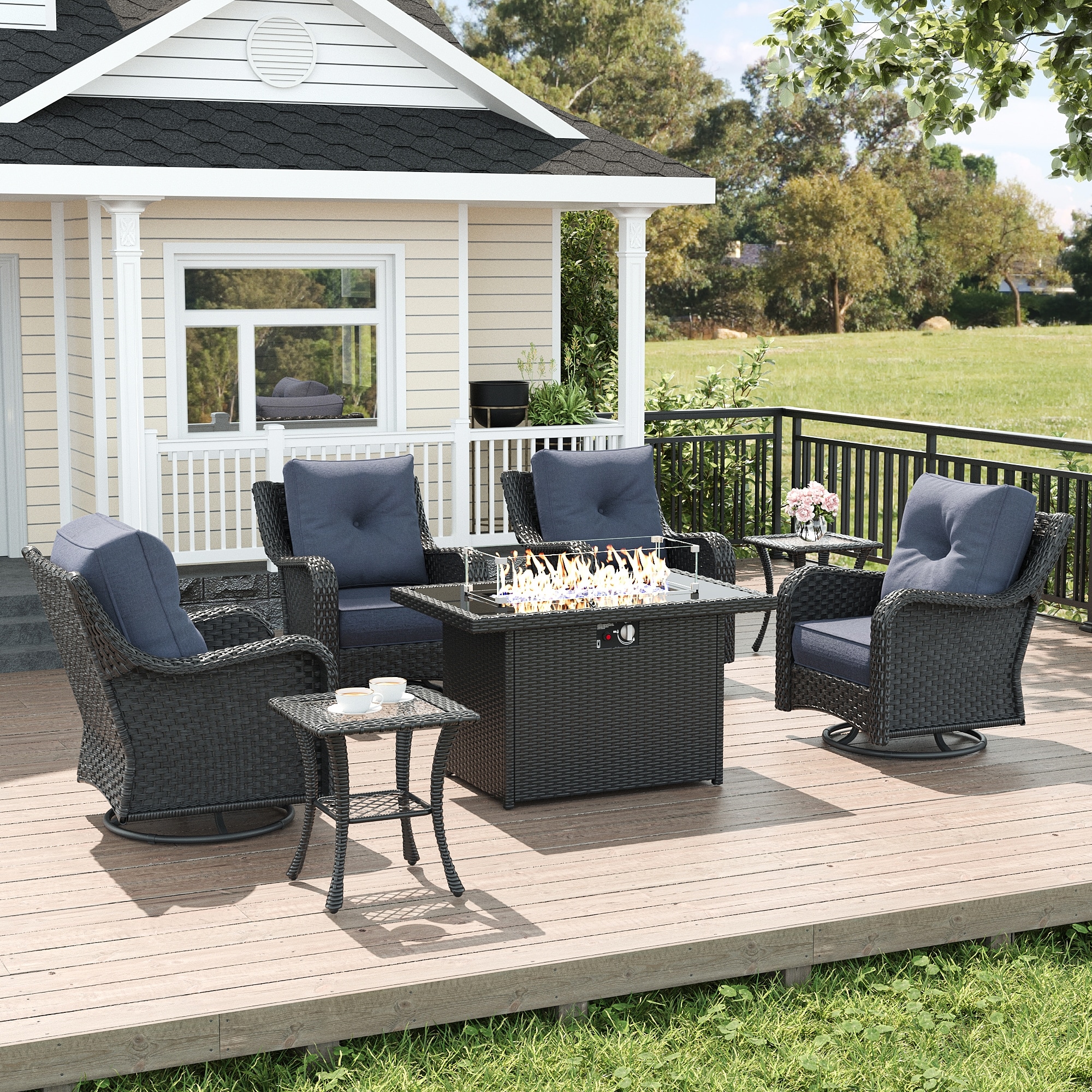 LayinSun FP6005-7P-HE02 7 -Piece Outdoor Rattan Patio Conversation Set with Fire Pit and Navy Cushions