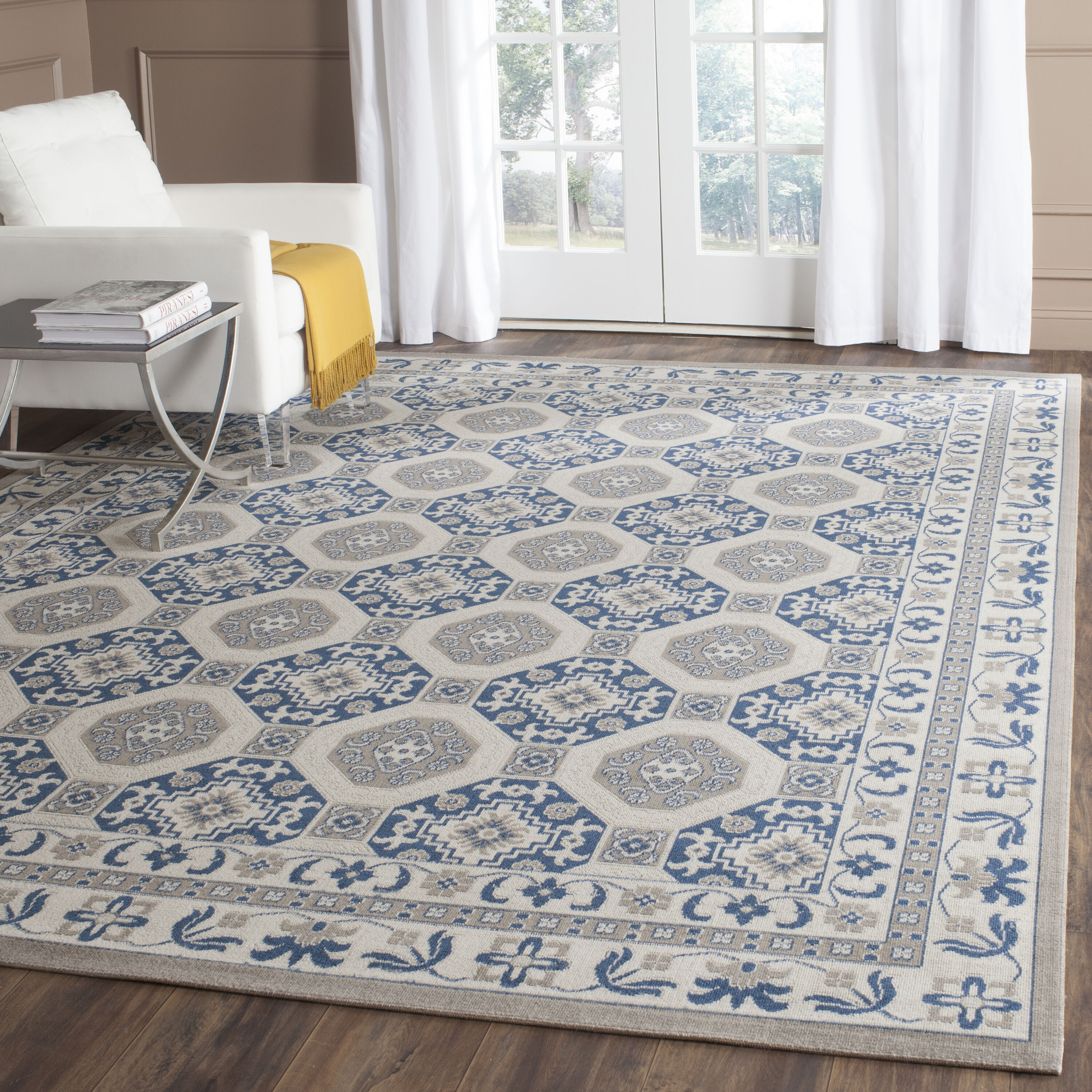 Blue and Ivory Rectangular Cotton Synthetic Rug, 5'1" x 7'6"