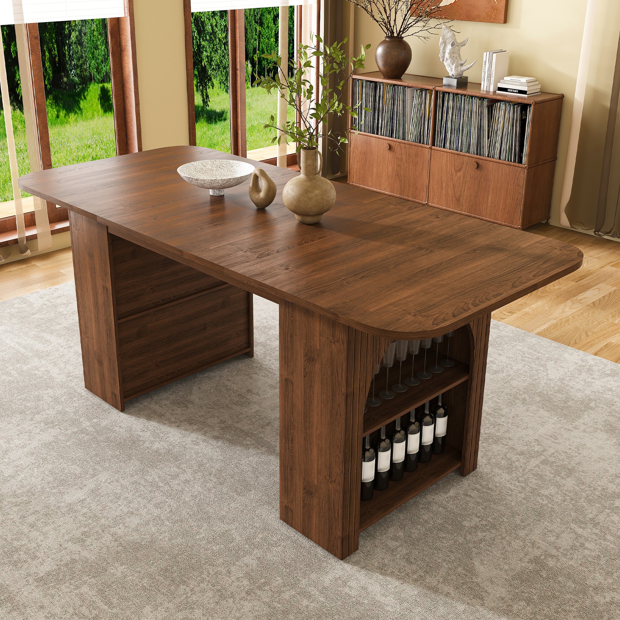 Clihome Dining Table with Drawers and Open Storage Walnut Contemporary ...