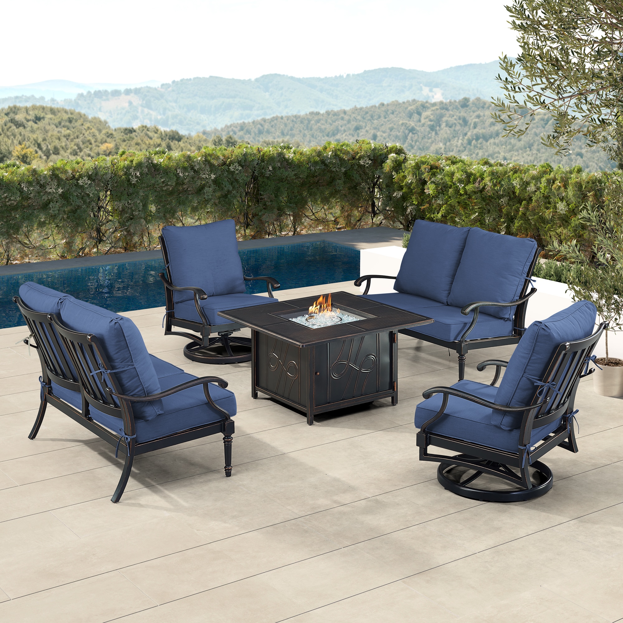 Oakland Living SHACO2LS2CHREGISBLCU Fire Pit Table Set, Two Loveseats, Two Lounge Chairs and Wind Guard 20 -Piece Patio Conversation Set with Blue Cushions