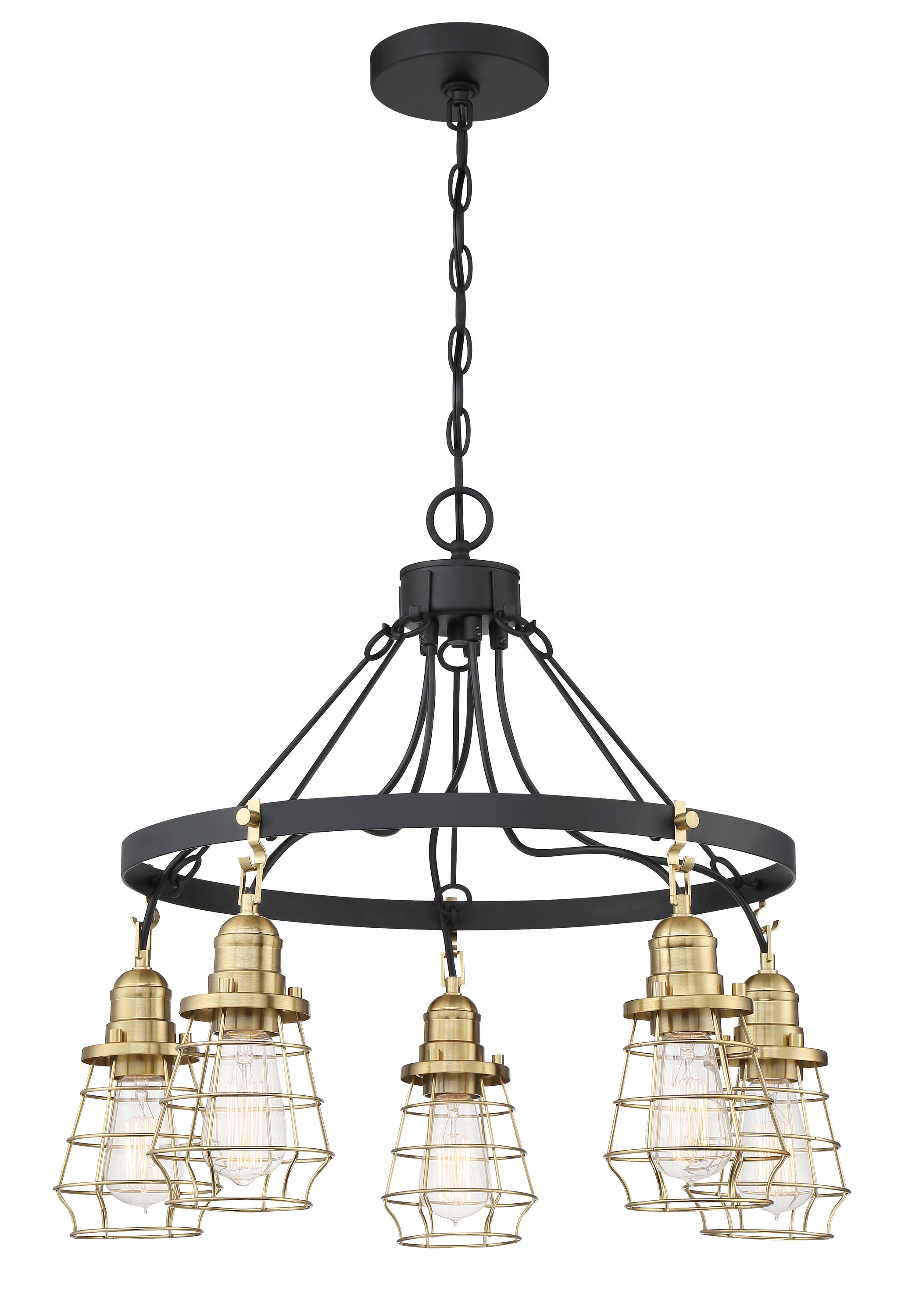 Flat Black and Satin Brass Cage Chandelier with 5 Lights