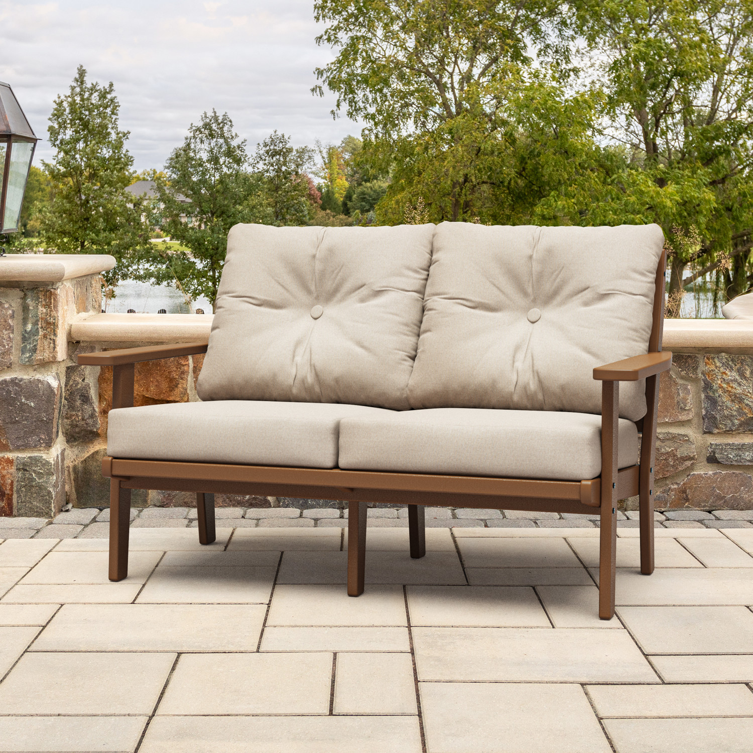 allen + roth by POLYWOOD AR4422-TE145999 Oakport Outdoor Loveseat with Beige Cushions and HDPE Frame