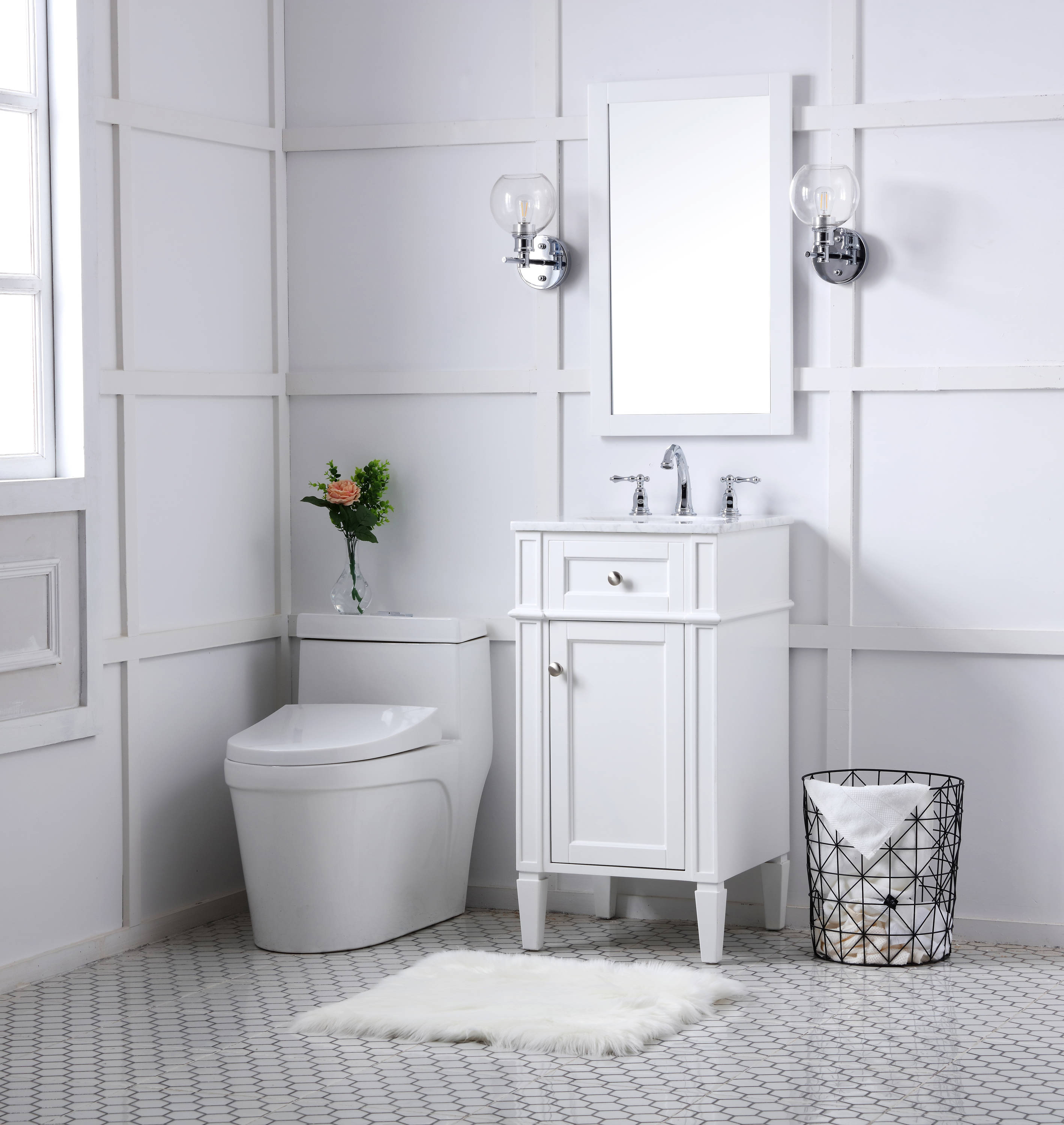 White Carrara Marble Single Sink Vanity with Storage Cabinet