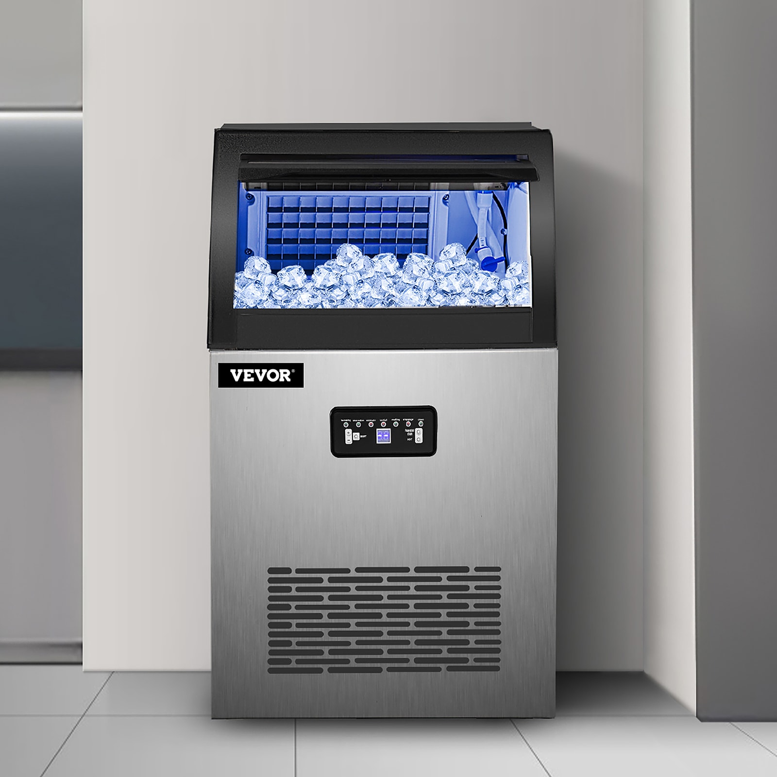 VEVOR 22-lbStorage Ice Maker 110-lb Flip-Up Door Freestanding for Commercial Use Cubed Ice Maker (201 Stainless Steel) | 60KGSYZBJ00000001V1