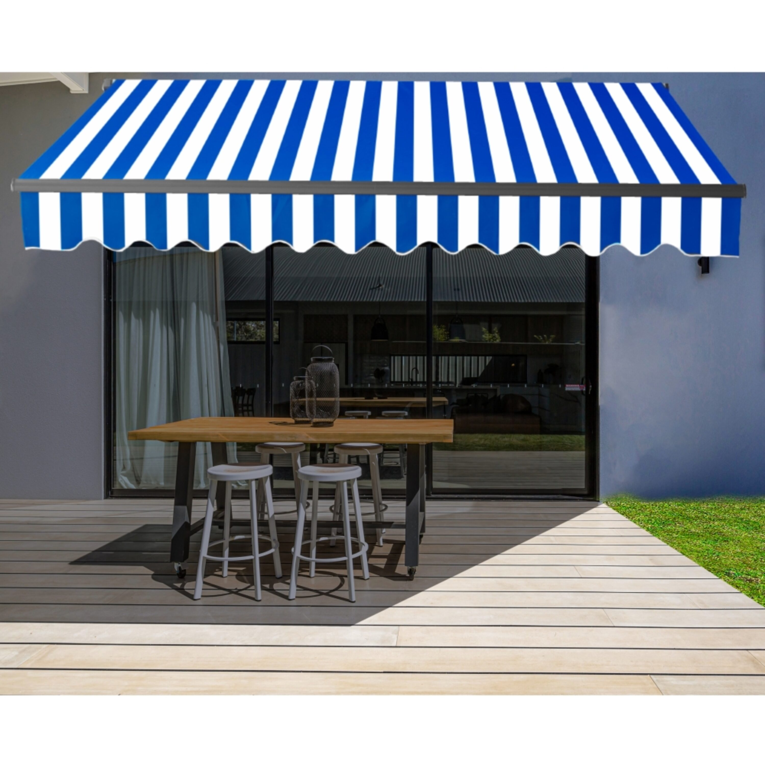 240-in Wide x 120-in Projection x 10-in Height Metal Blue White Striped Motorized Retractable Patio Awning Polyester | - ALEKO ABM20X10BLWH03-LO