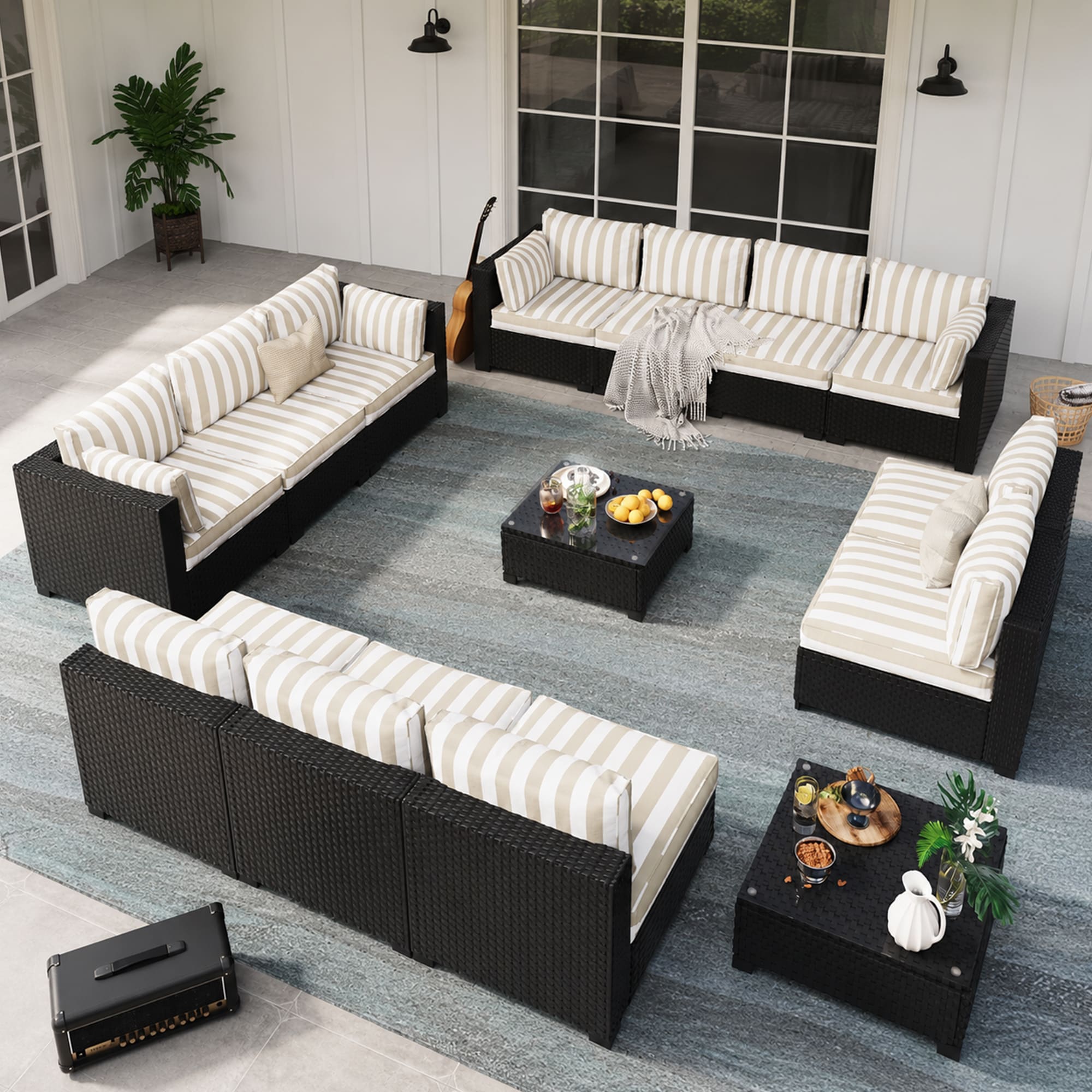 HYALON 14-Piece Black Wicker Outdoor Patio Conversation Sectional Seating Set with Coffee Tables and Striped Brown Cushions