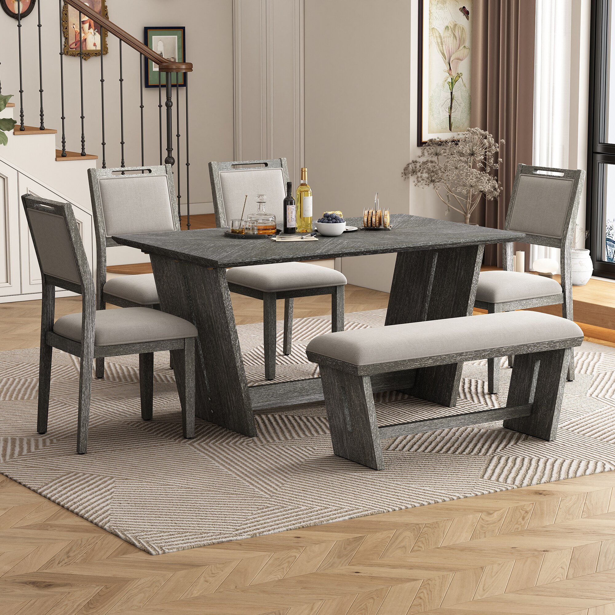 JANSNO DKSELL003 Gray Rustic Dining Room Set with Rectangular Table ( Seats 6 )