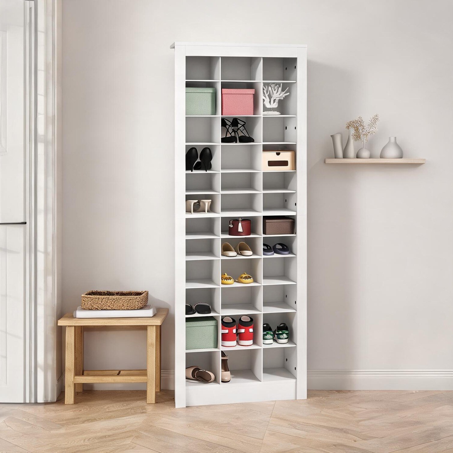 FlowLuxe Freestanding Entryway Shoe Cabinet in White Finish Holds 36 Pairs 70.75 in. Tall Narrow Profile