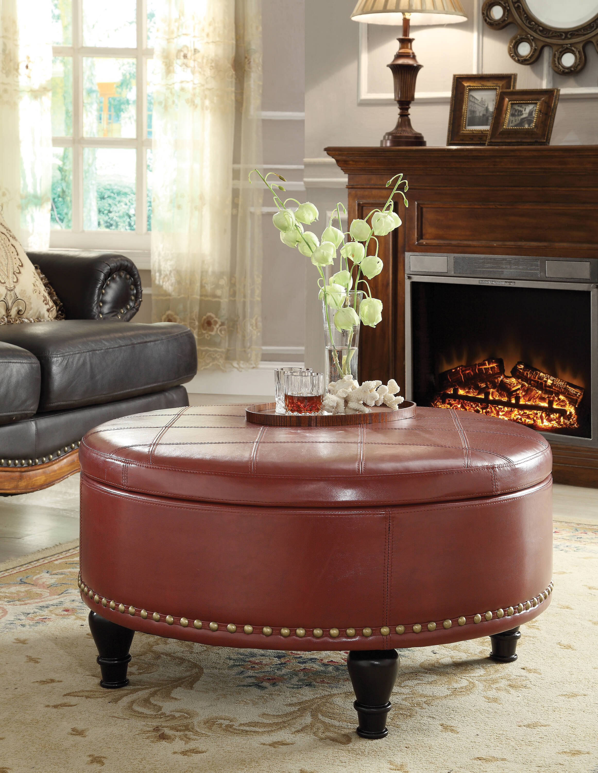 OSP Home Furnishings BP-AUOT32-B19 Midcentury Crimson Red Faux leather Round Storage Ottoman