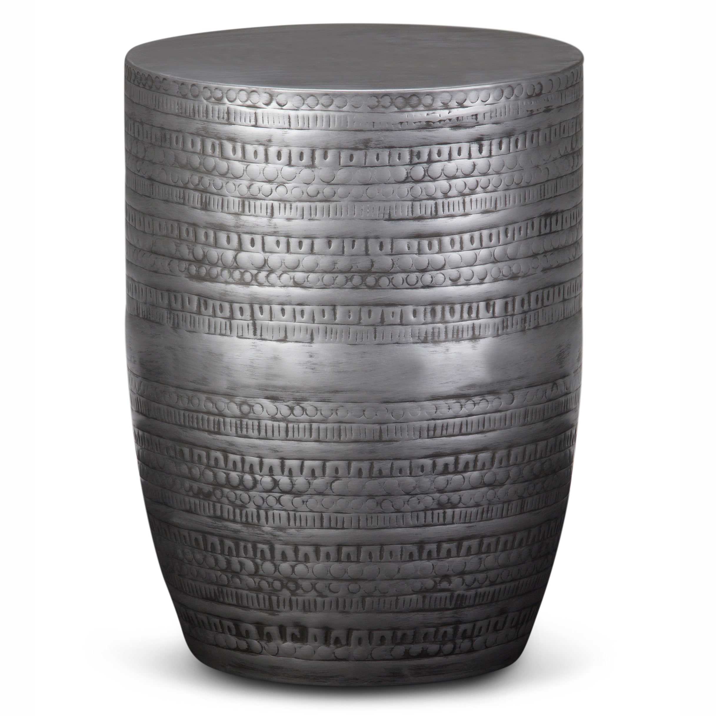 Simpli Home AXCMTBL-03-LG Johnsen 15-Inches W x 19.7-Inches H Antique Silver Metal Round Eclectic End Table