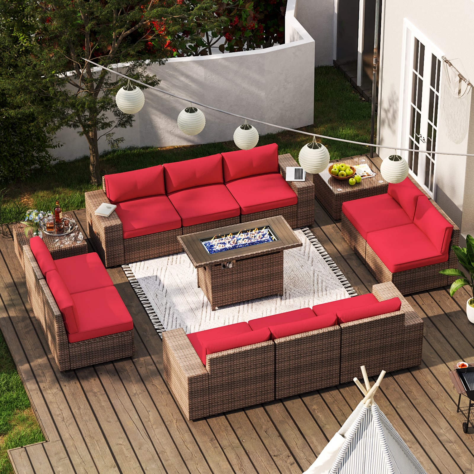 AOXUN G12039RD2AB+026BR-13 13 -Piece Rattan 2 Patio Sofa Conversation Set with Red