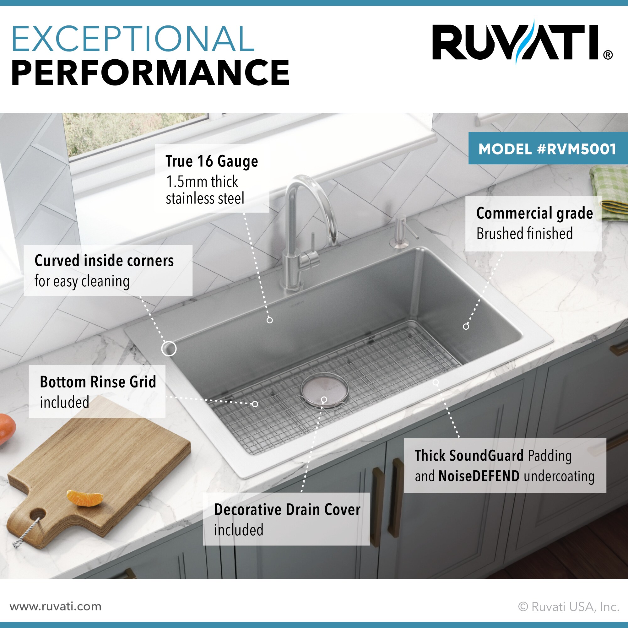 KABCO OTD33SSGRC 33 Inch Double Bowl Low Divider Workstation Kitchen Sink,  16 Gauge Undermount or Topmount Zero Radius Drop in Stainless Steel Sink