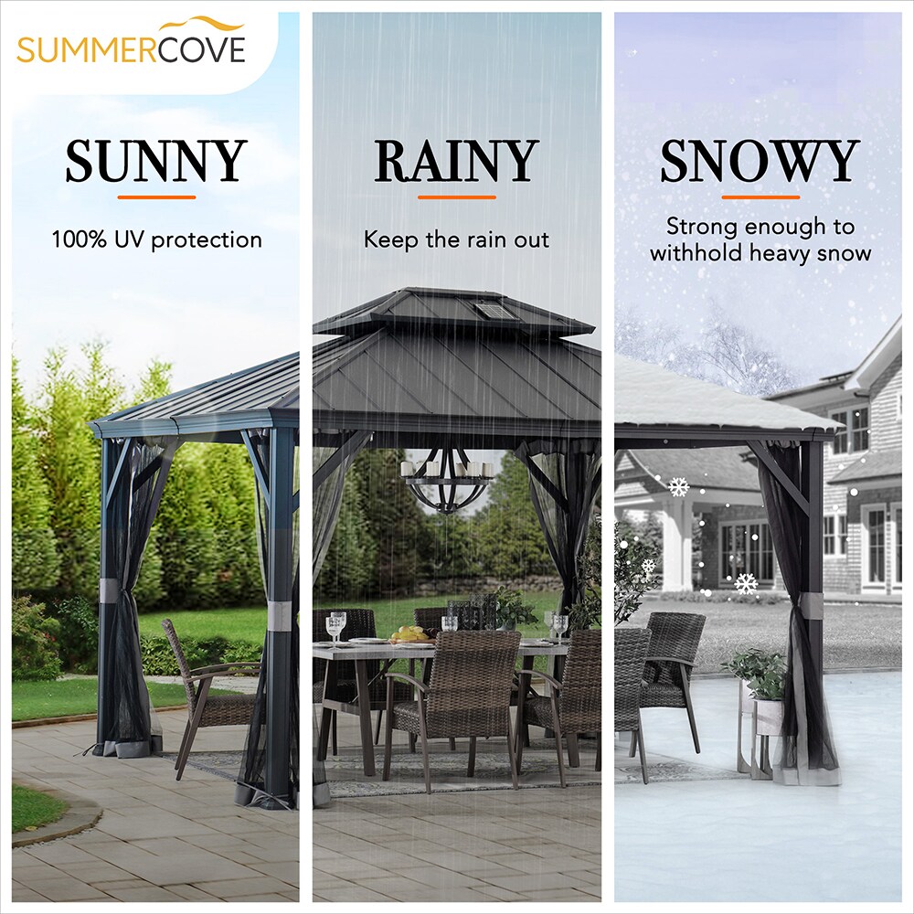 10x12 Black Aluminum and Steel Hardtop Gazebo with Solar Panel and Netting