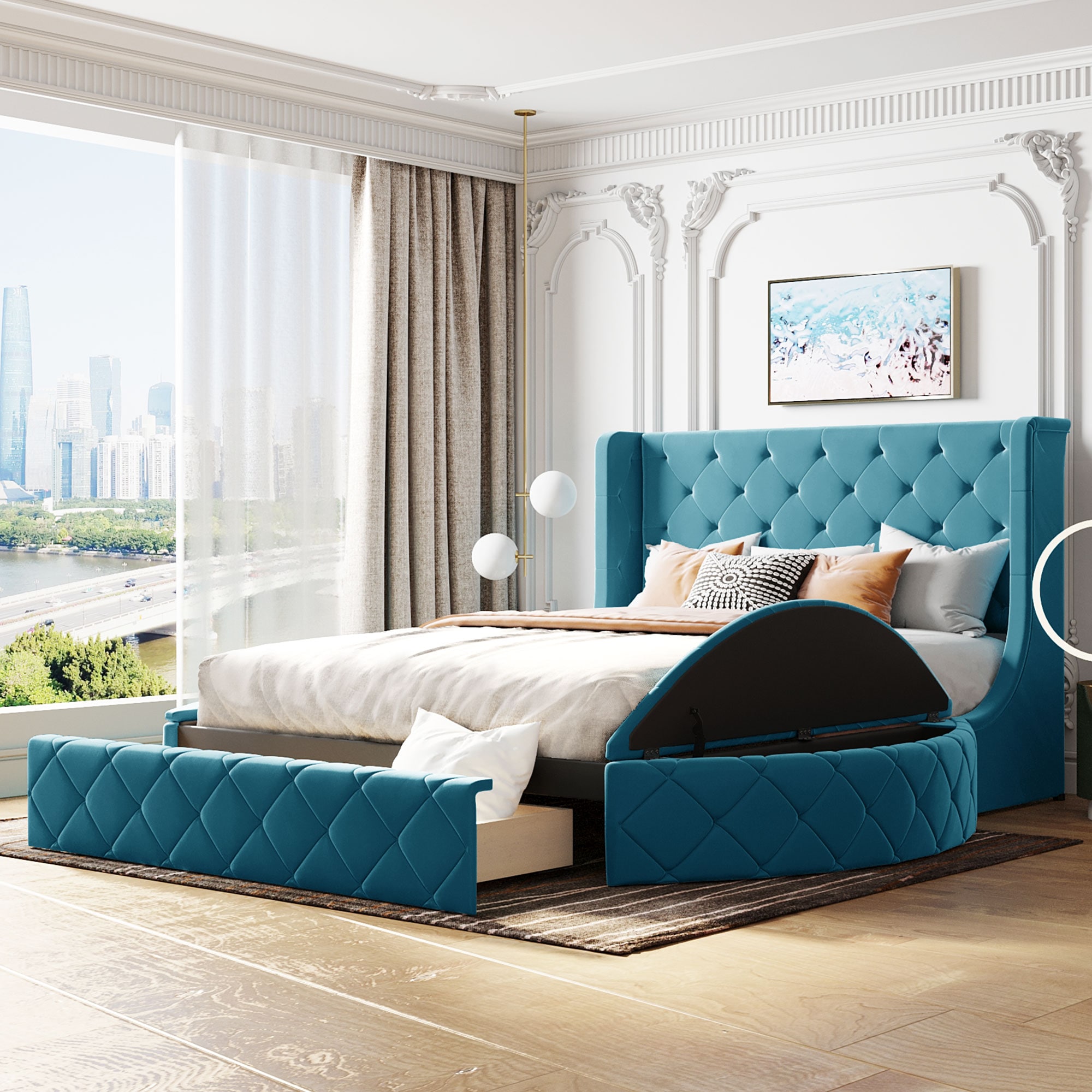 ModernLuxe LP000815AAC Upholstered Platform Bed Queen Size Storage Velvet Bed with Wingback Headboard and 1 Big Drawer2 Side Storage StoolBlue