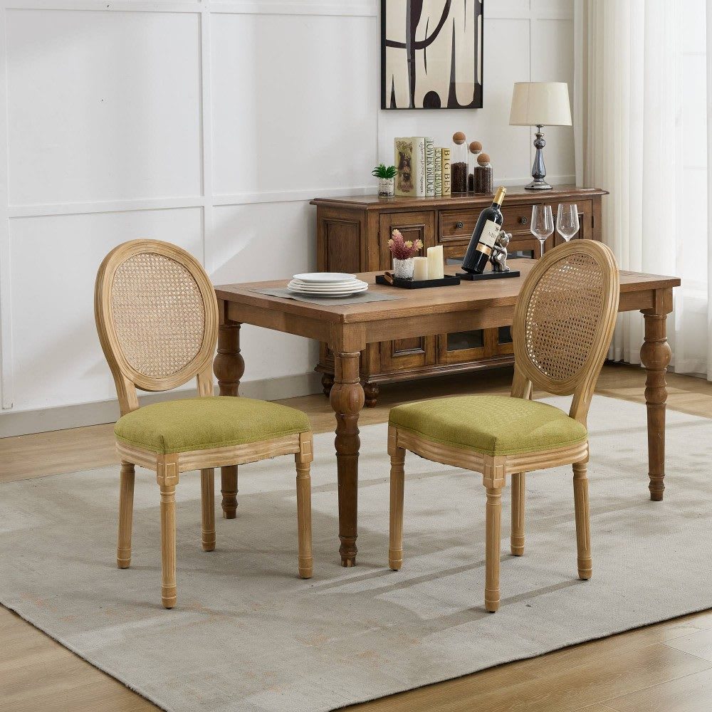 Coolbibila HUNTER-DINING-GREEN Green Linen Fabric Upholstered Dining Chairs Set of 2 with Rattan Back and Classic Wood Frame Finish