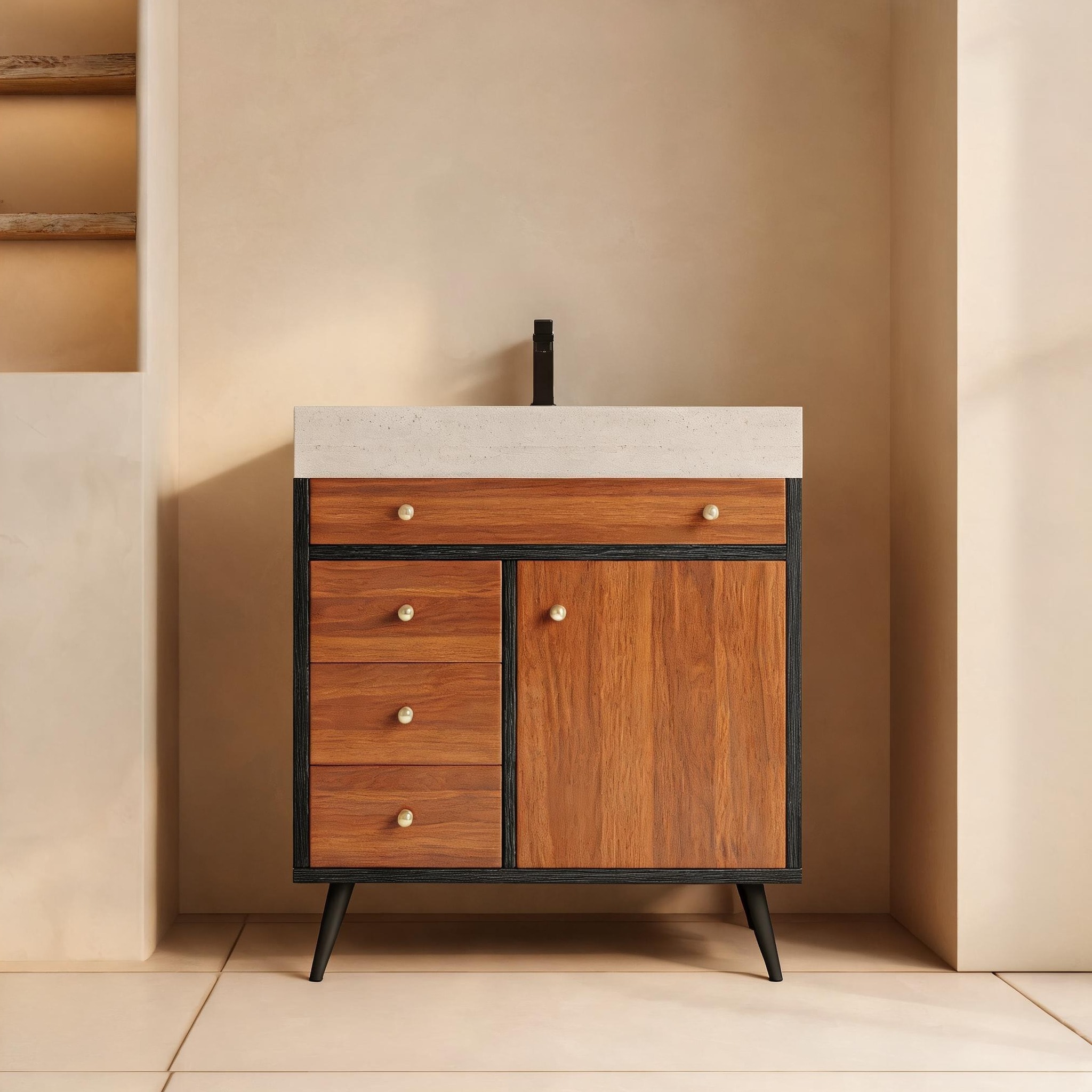 SunJet Sintered Stone Top Free-Standing Vanity with Ceramic Basin and Soft-Close Storage in Neutral Gray