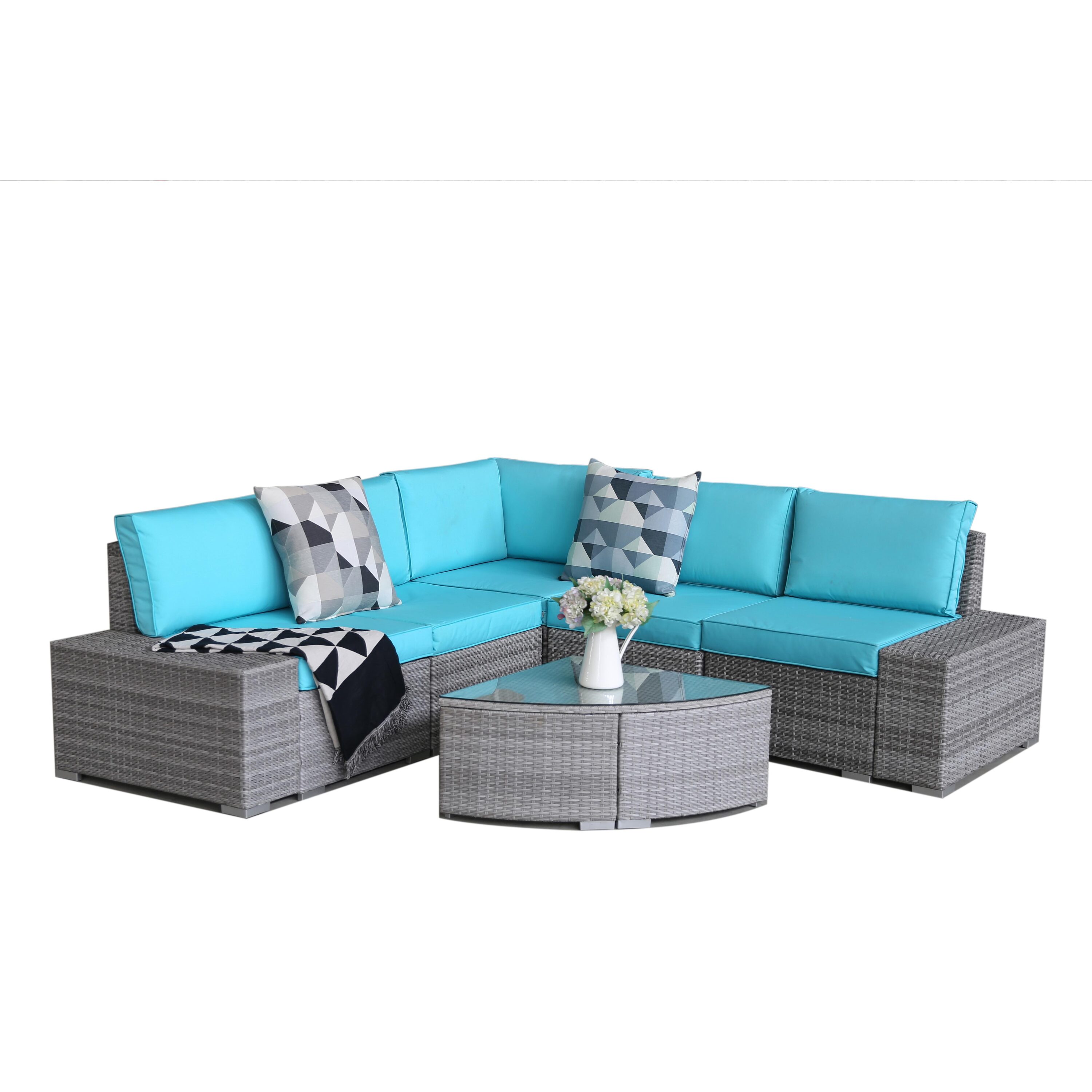 Bayfeve BFDS-26120002 6-Piece All-Weather Patio Conversation Set Wicker Furniture Set Outdoor Rattan Sectional Sofa with Tempered Glass Table