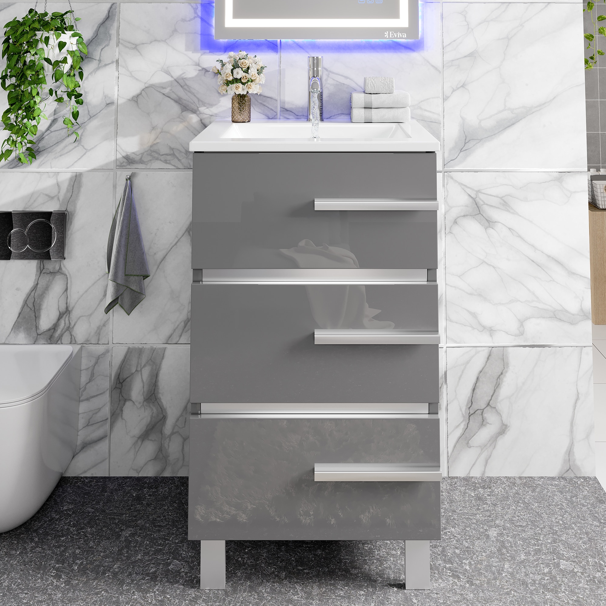 Eviva EVVN580-24GR Deluxe 24-in Gray Single Sink Bathroom Vanity with White Porcelain Top