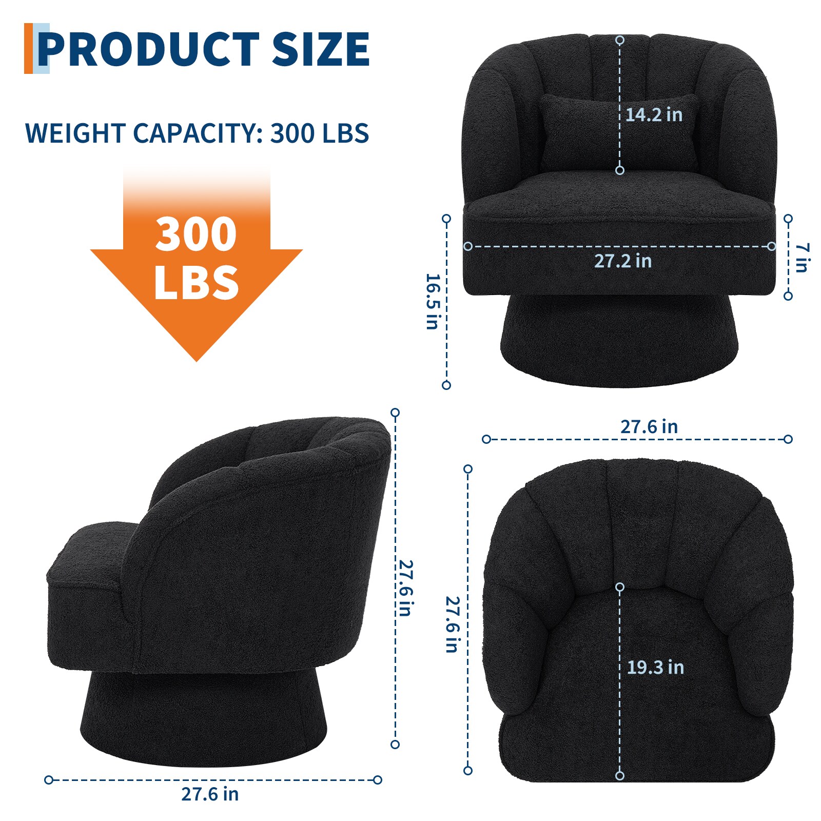 Assile Black Teddy Fleece Striped Back Swivel Accent Chair with Cone ...