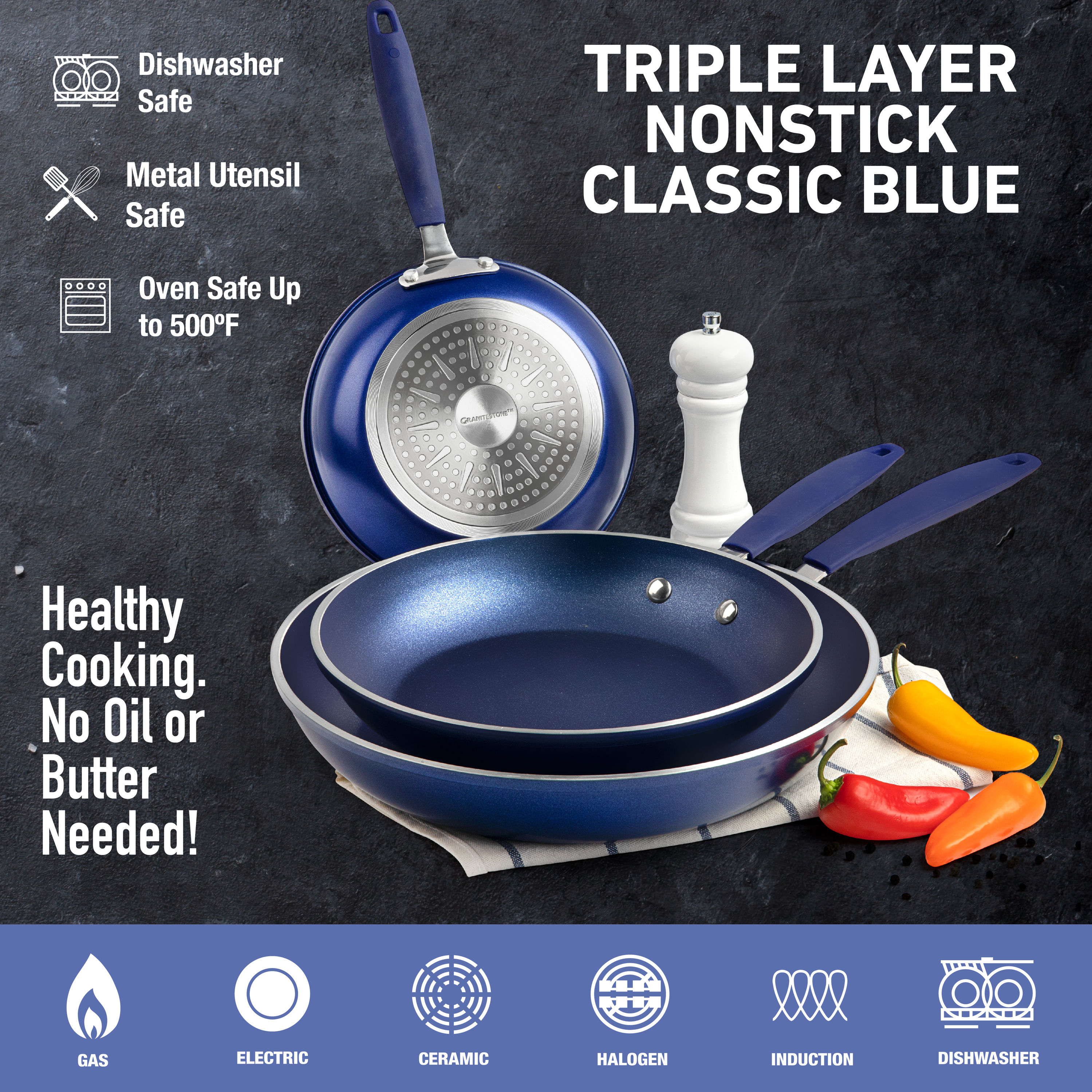 GraniteStone Diamond Classic Blue 3-Piece Aluminum Nonstick Frying Pan Set  (8 in., 10 in., 12 in.) - Ultra Nonstick, Diamond Coated in the Cooking  Pans & Skillets department at