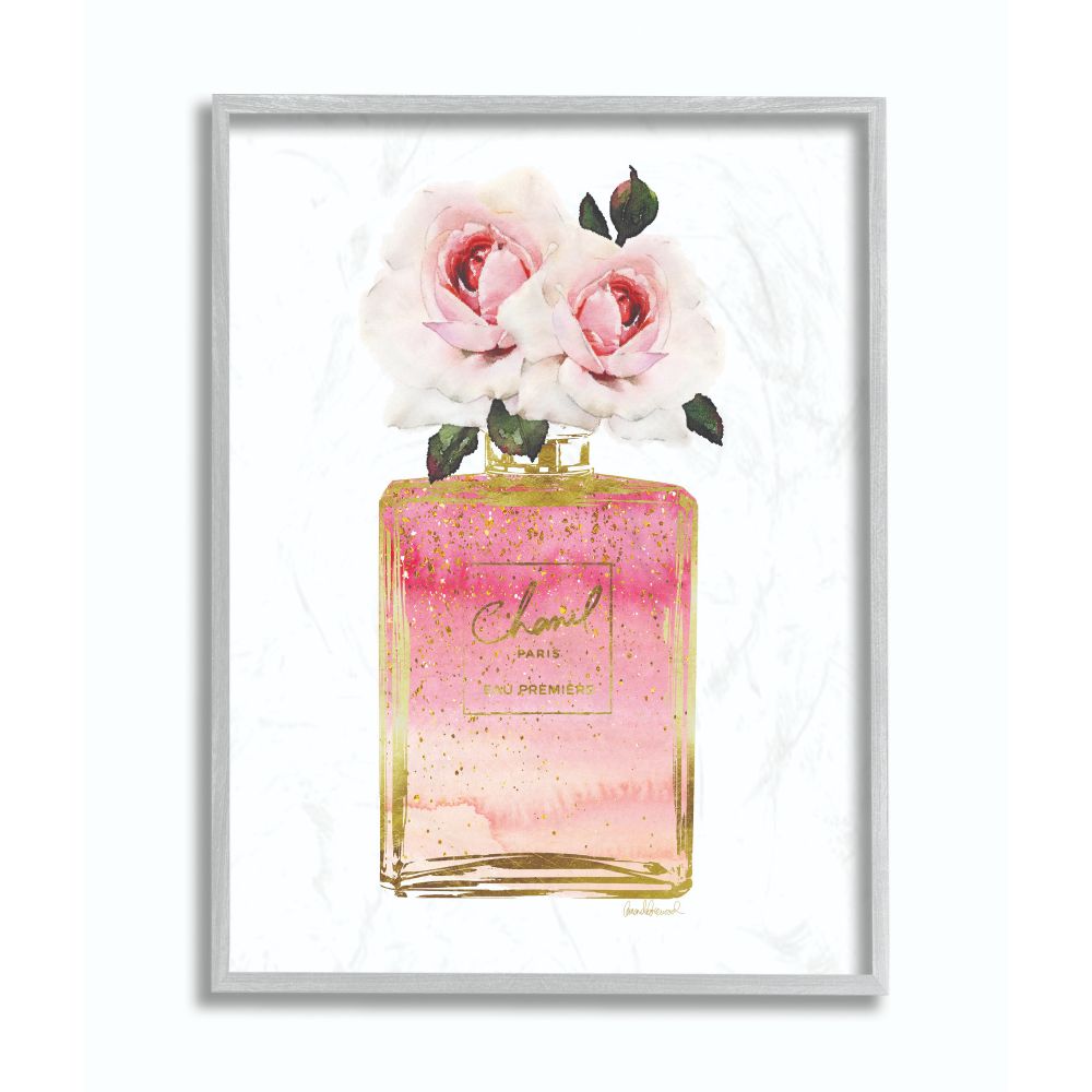 Stupell Industries AGP-149-GFF-11X14 Pink and Gold Ombre Perfume Bottle with Roses Amanda Greenwood Framed 14-in H x 11-in W Country Print