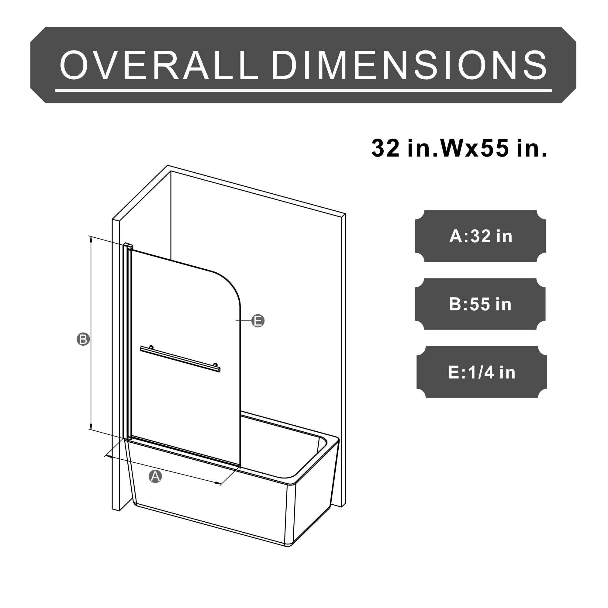 LUXEYARD 31 Inch X 55 Inch Bathtub Screen Framless Shower Door Tempered ...
