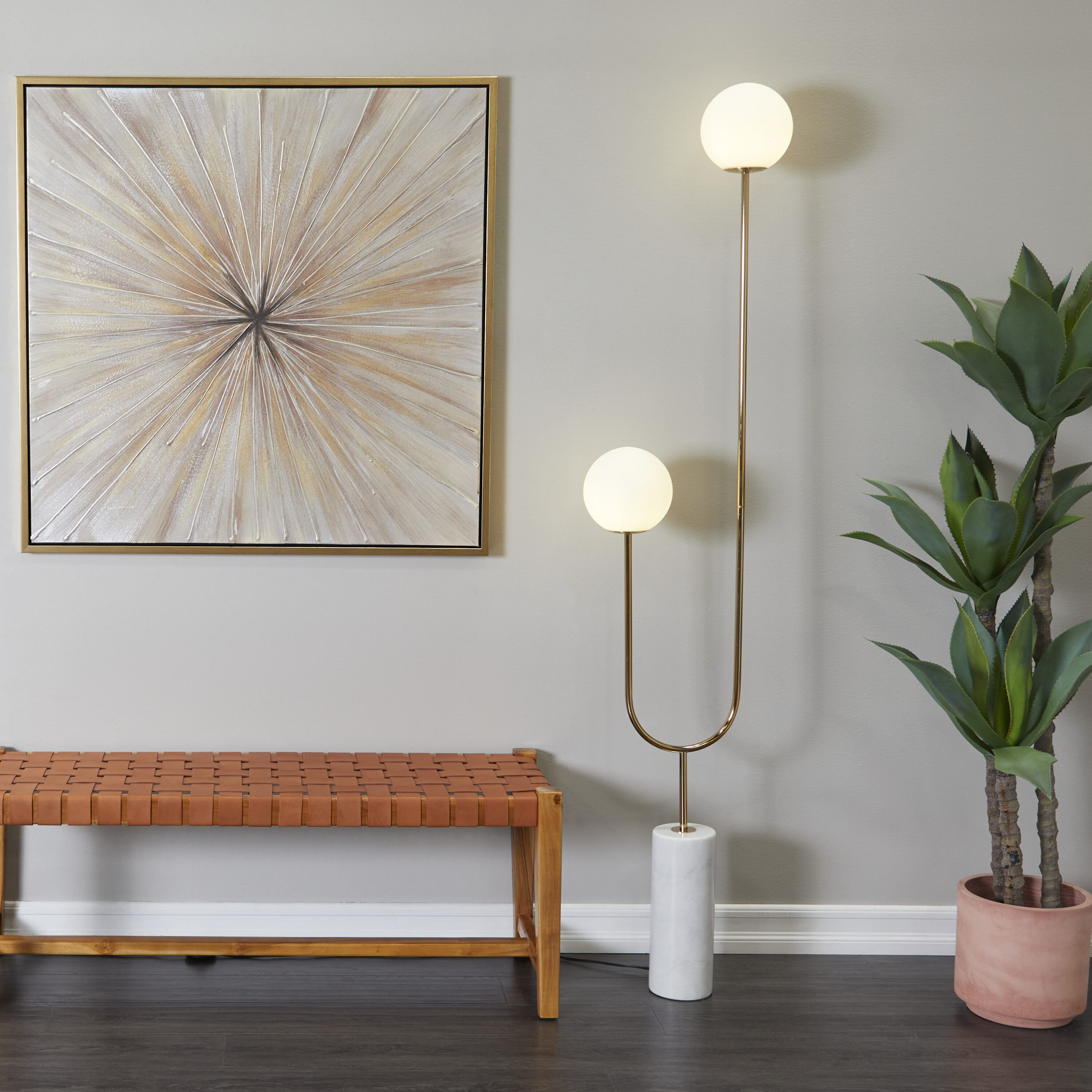 Grayson Lane 29701 73-in Gold 2 Light Orb with Marble Base Standard Floor Lamp with Glass Shade