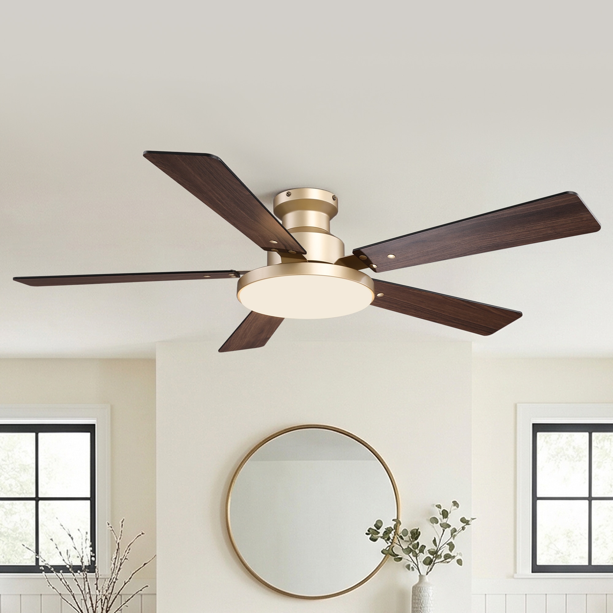 VACZON 52-in Gold LED Flush Mount Ceiling Fan With Light and Remote Control Included