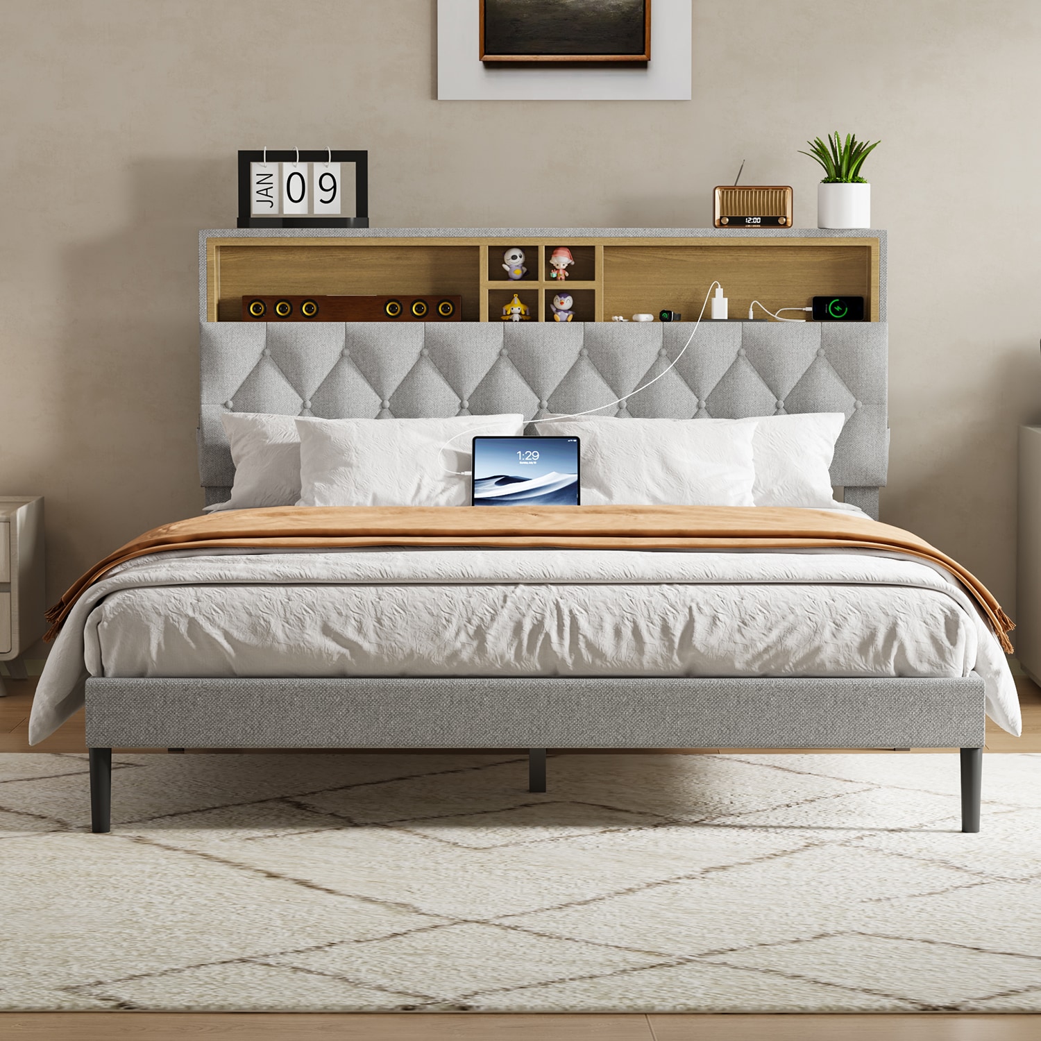 GZMR ORQHC-909-LC Queen Size Bed Frame with 2-Tier Storage Gray Queen Metal Bed frame Bed with Storage