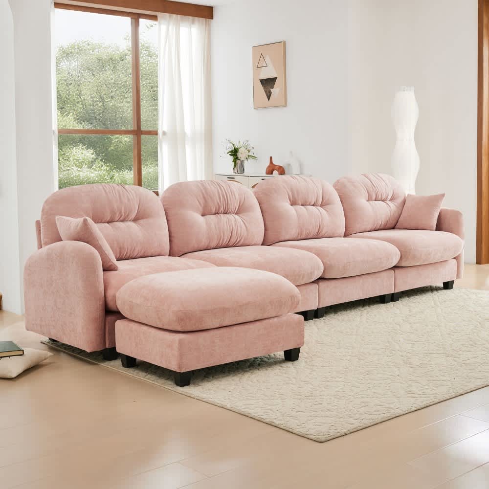 Coolbibila 4 Seat Modern Cloud Style Pink Chenille L Shaped Modular ...