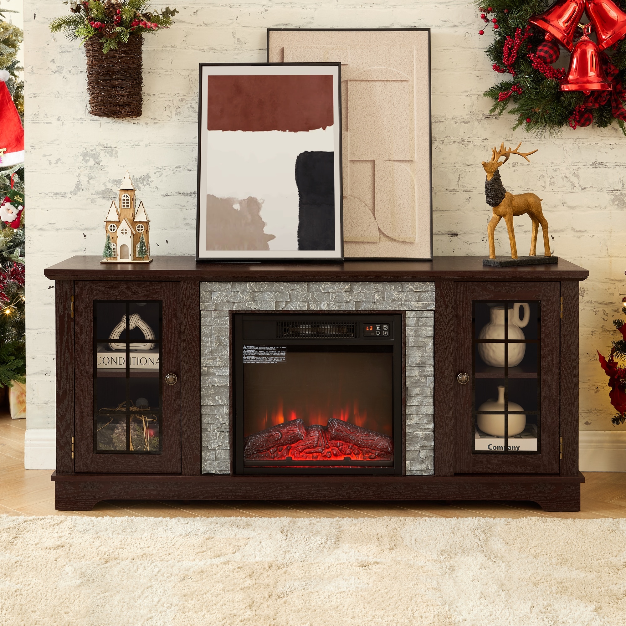 Vorene 58-in TV Stand Fireplace Faux Stone Media Console Cherry
