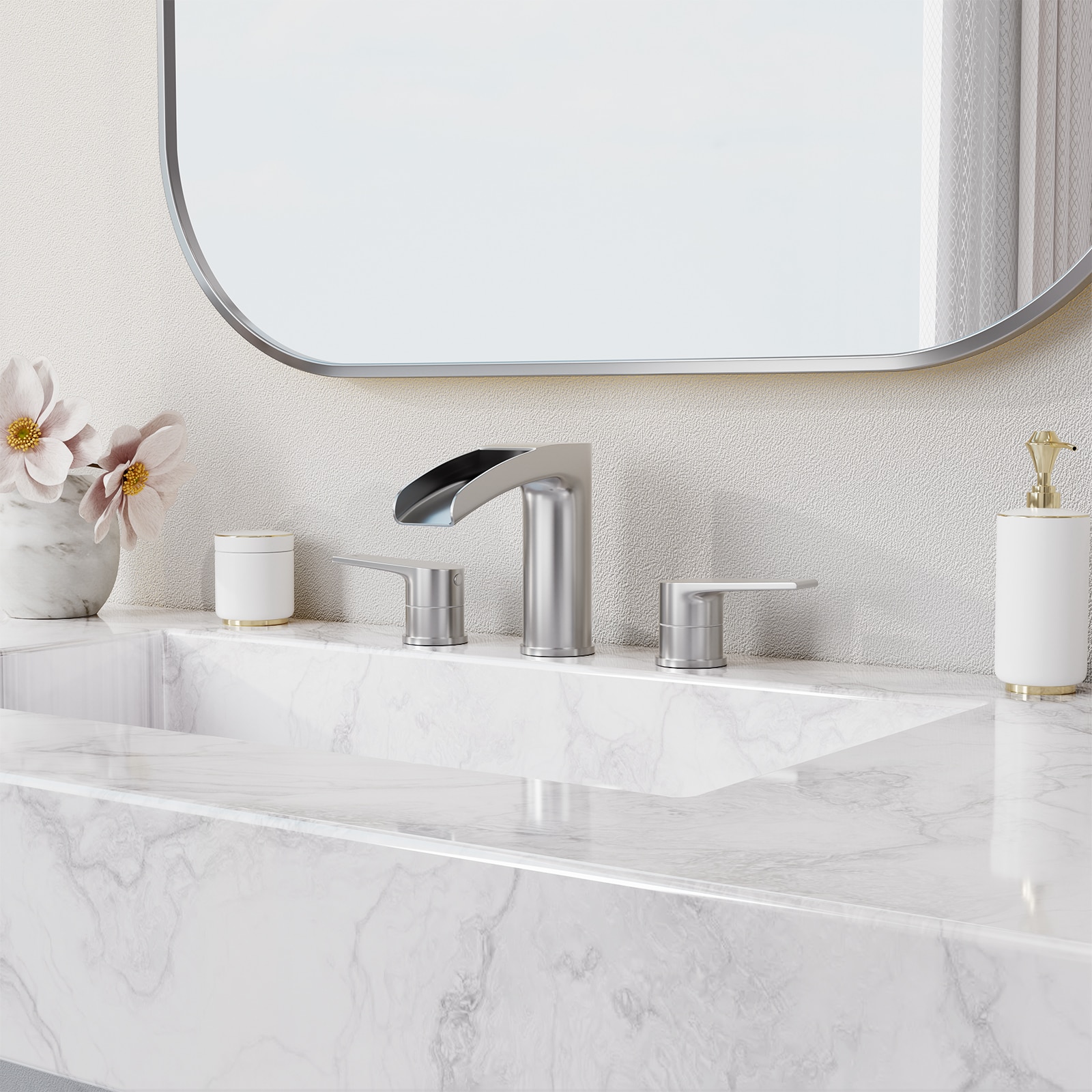 Phiestina LSNS-WF005-BN Brushed Nickel Widespread 2-handle Low-arc Commercial/Residential Handle Bathroom Sink Faucet with Drain