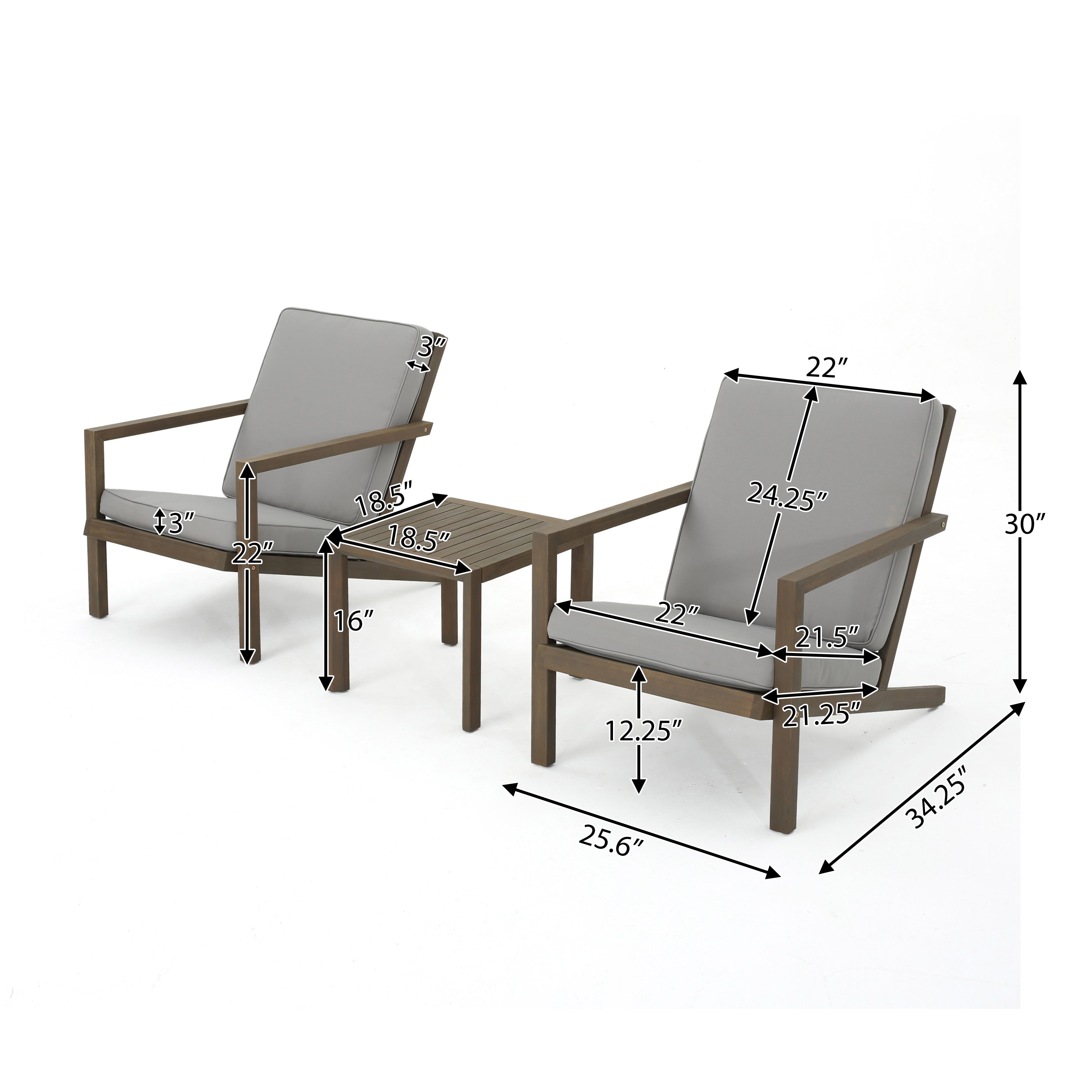 Gray Acacia Wood 3-Piece Outdoor Chat Set with Water-Resistant Cushions