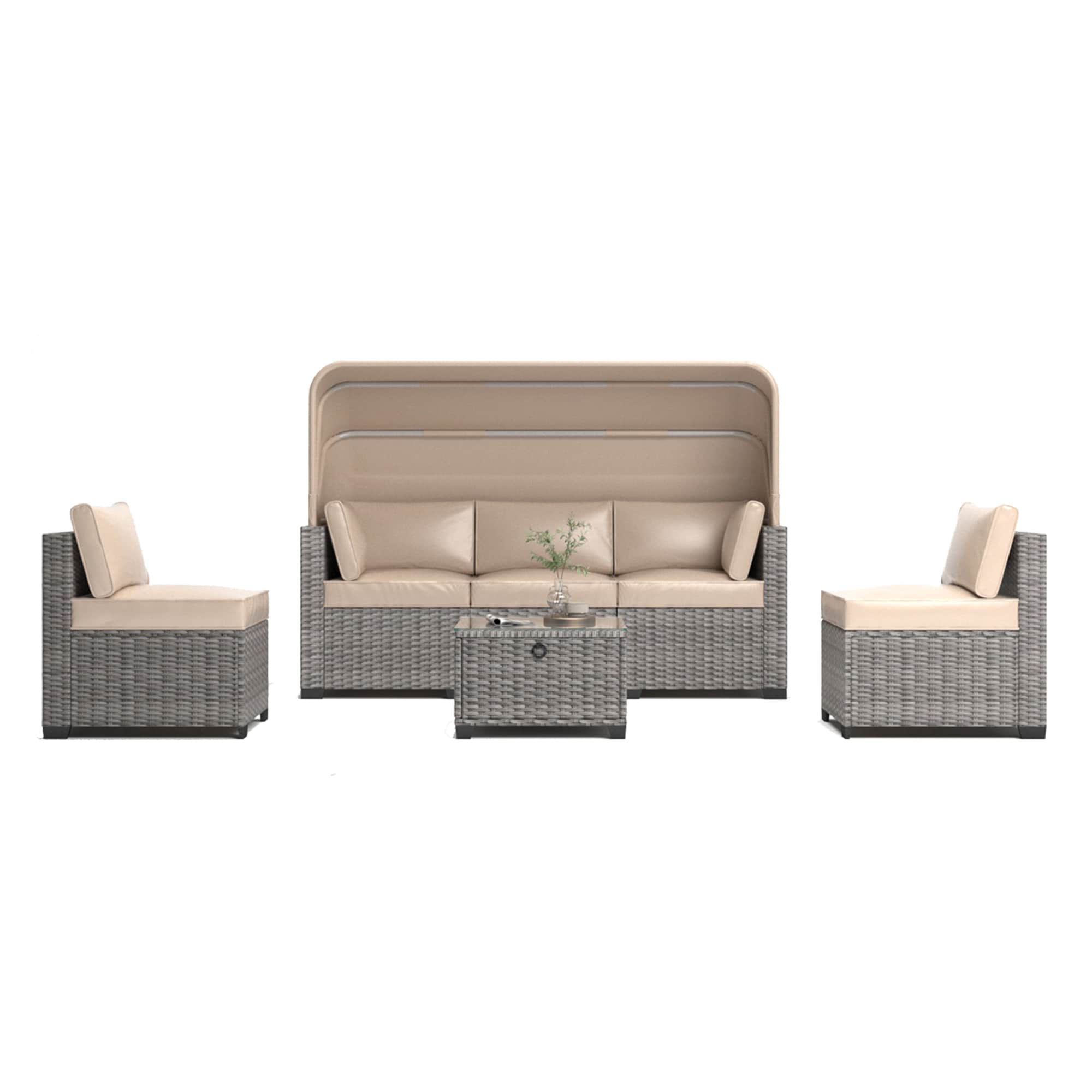 Bybafun YA0100128 6 -Piece Wicker Patio Sofa Conversation Set with Tan Cushions