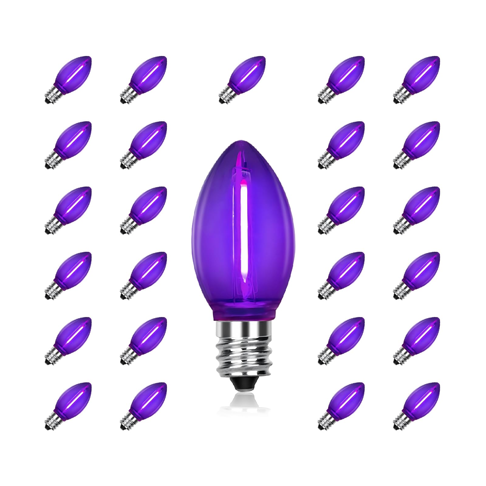 Oyezvary  25 pack C7 replacement bulbs dark purple LED E12 candelabra base shatterproof indoor outdoor string lights for holiday patio decor