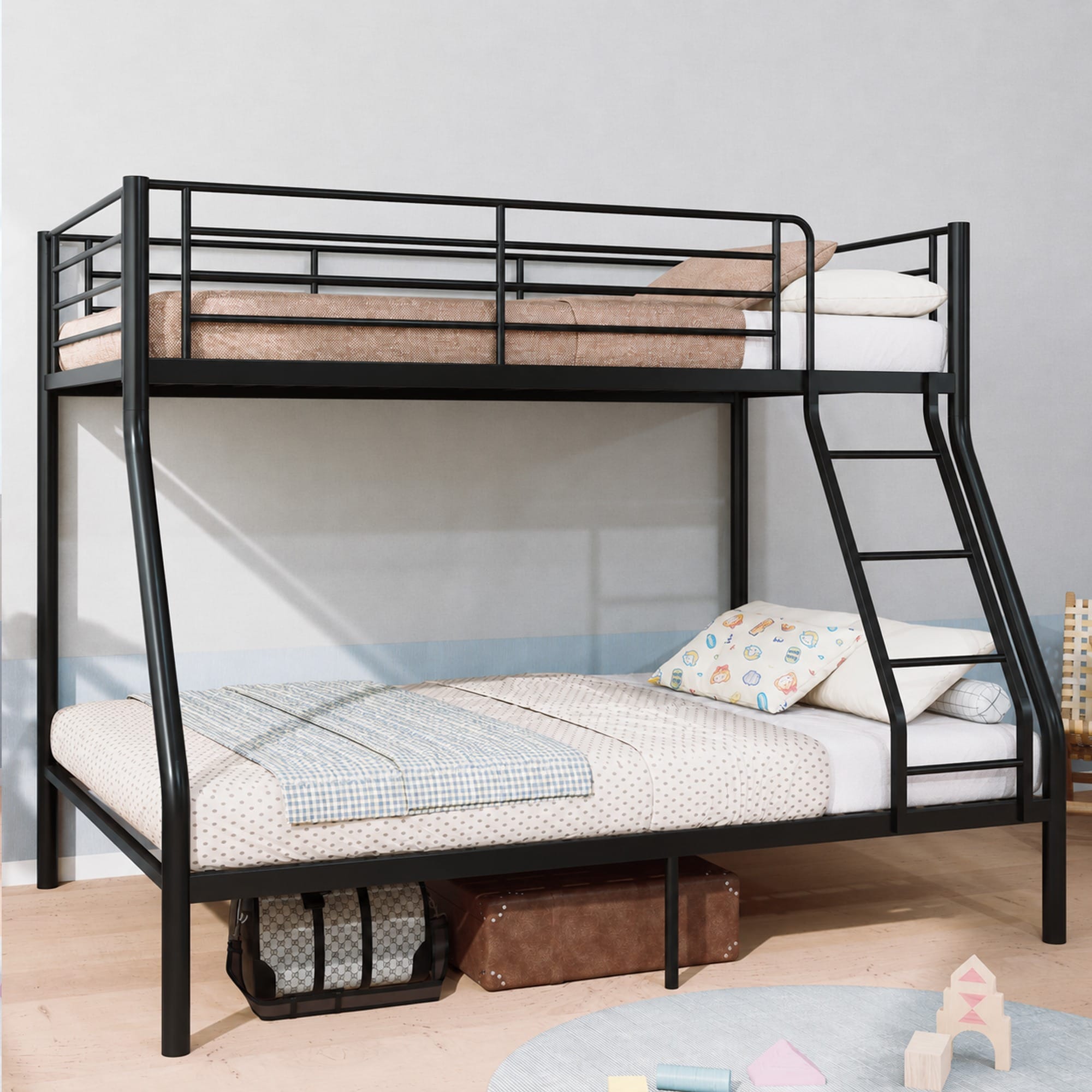 HyperDrop Cart Twin over Full Black Heavy-Gauge Metal 990-lb Capacity Bunk Bed Frame with Noise-Free Slats for Bedroom